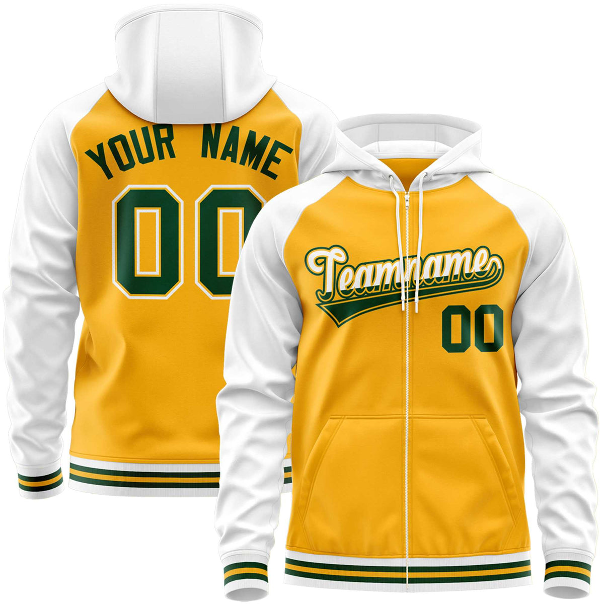 Custom Stitched Yellow White Raglan Sleeves Sports Full-Zip Sweatshirt Hoodie| KXKSHOP