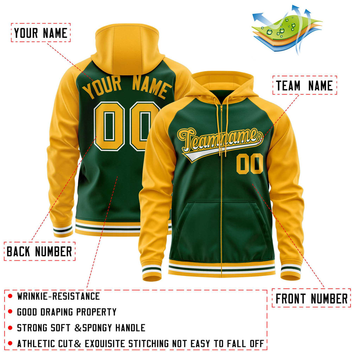 Custom Stitched Green Yellow Raglan Sleeves Sports Full-Zip Sweatshirt Hoodie| KXKSHOP