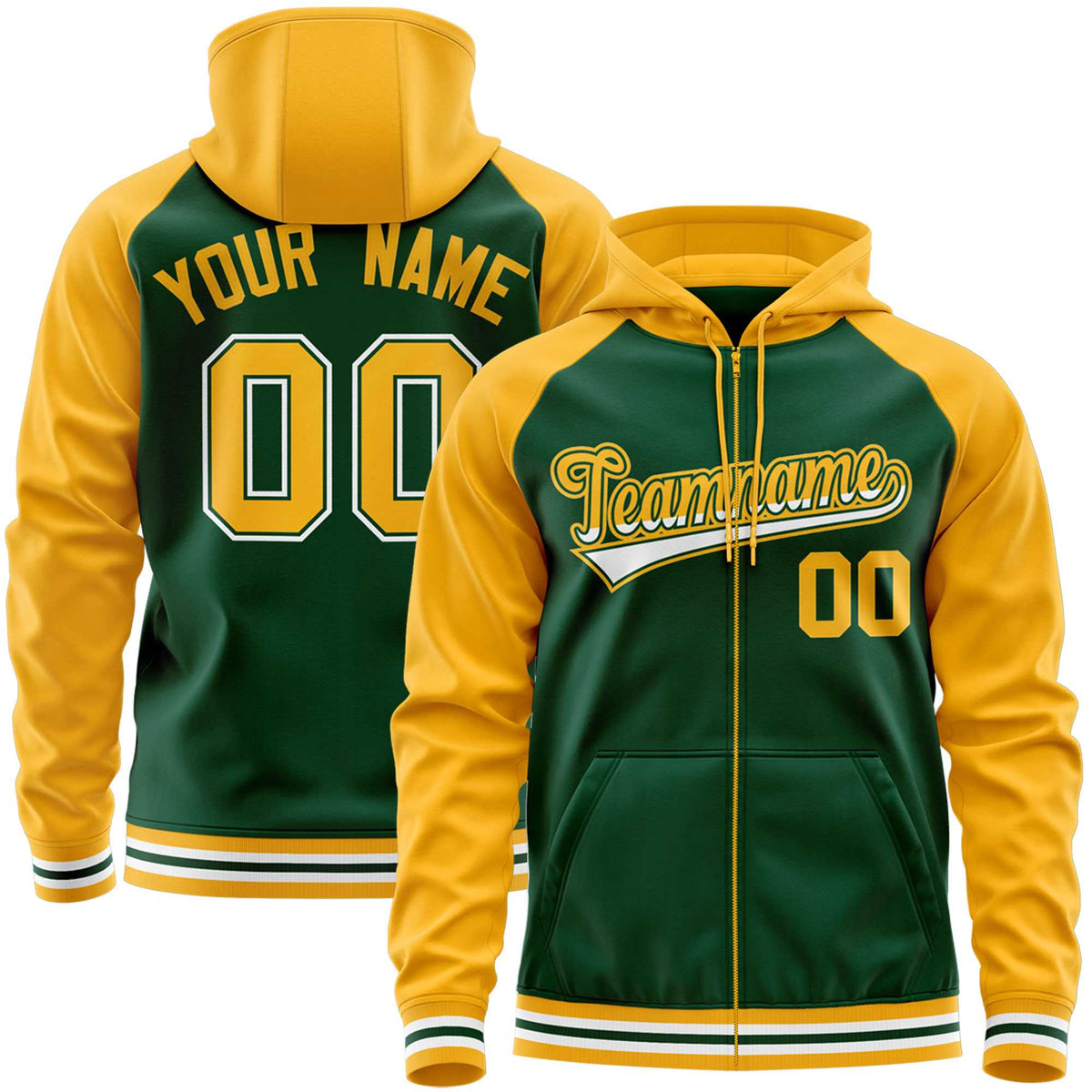 Custom Stitched Green Yellow Raglan Sleeves Sports Full-Zip Sweatshirt Hoodie| KXKSHOP