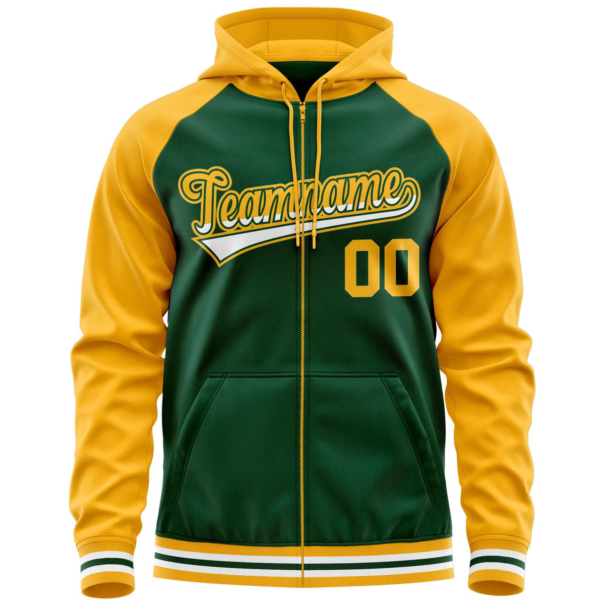 Custom Stitched Green Yellow Raglan Sleeves Sports Full-Zip Sweatshirt Hoodie| KXKSHOP