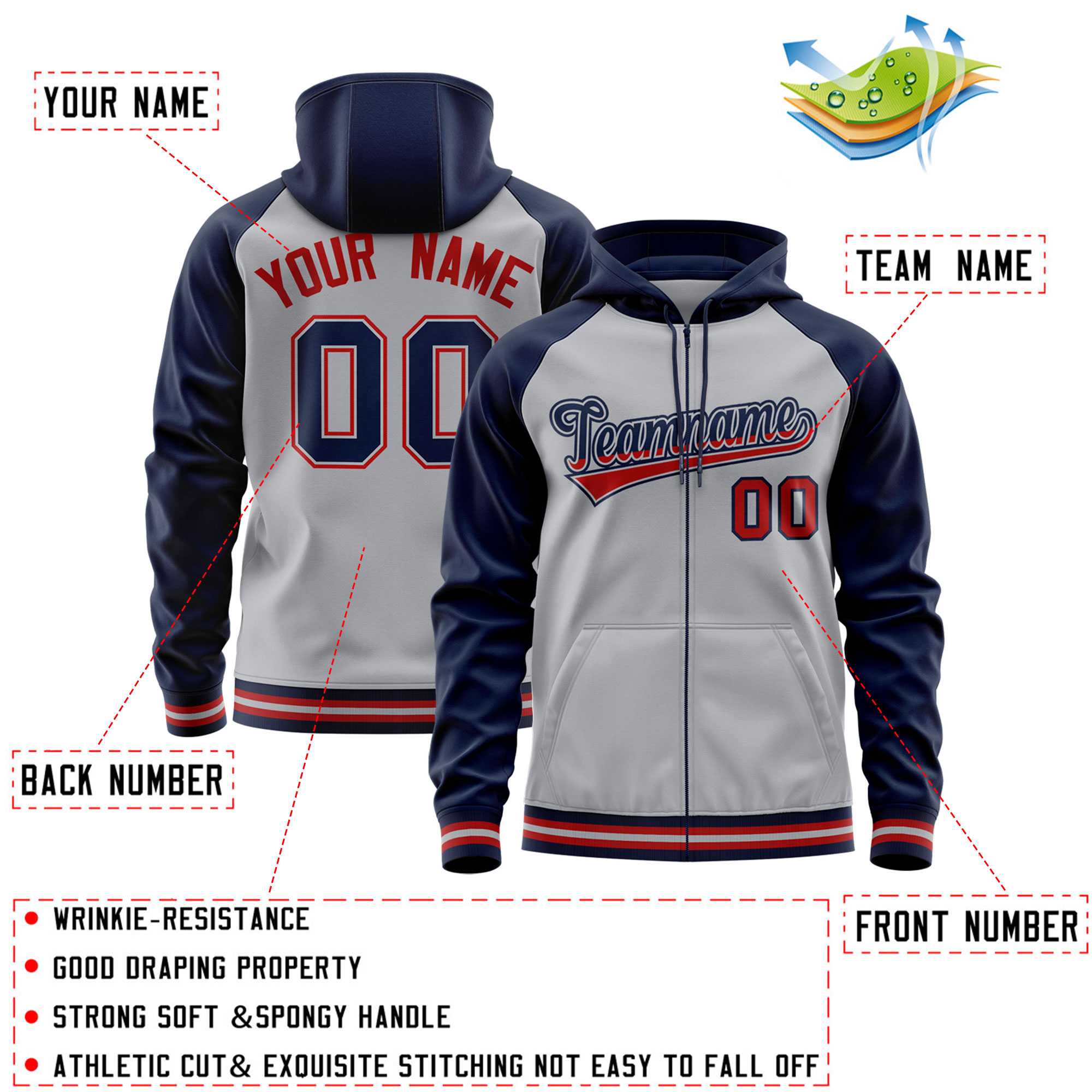 Custom Stitched Gray Navy Raglan Sleeves Sports Full-Zip Sweatshirt Hoodie| KXKSHOP