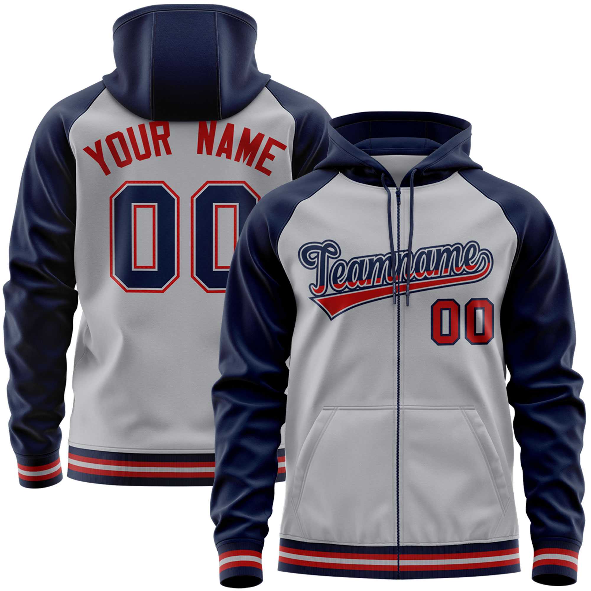 Custom Stitched Gray Navy Raglan Sleeves Sports Full-Zip Sweatshirt Hoodie| KXKSHOP