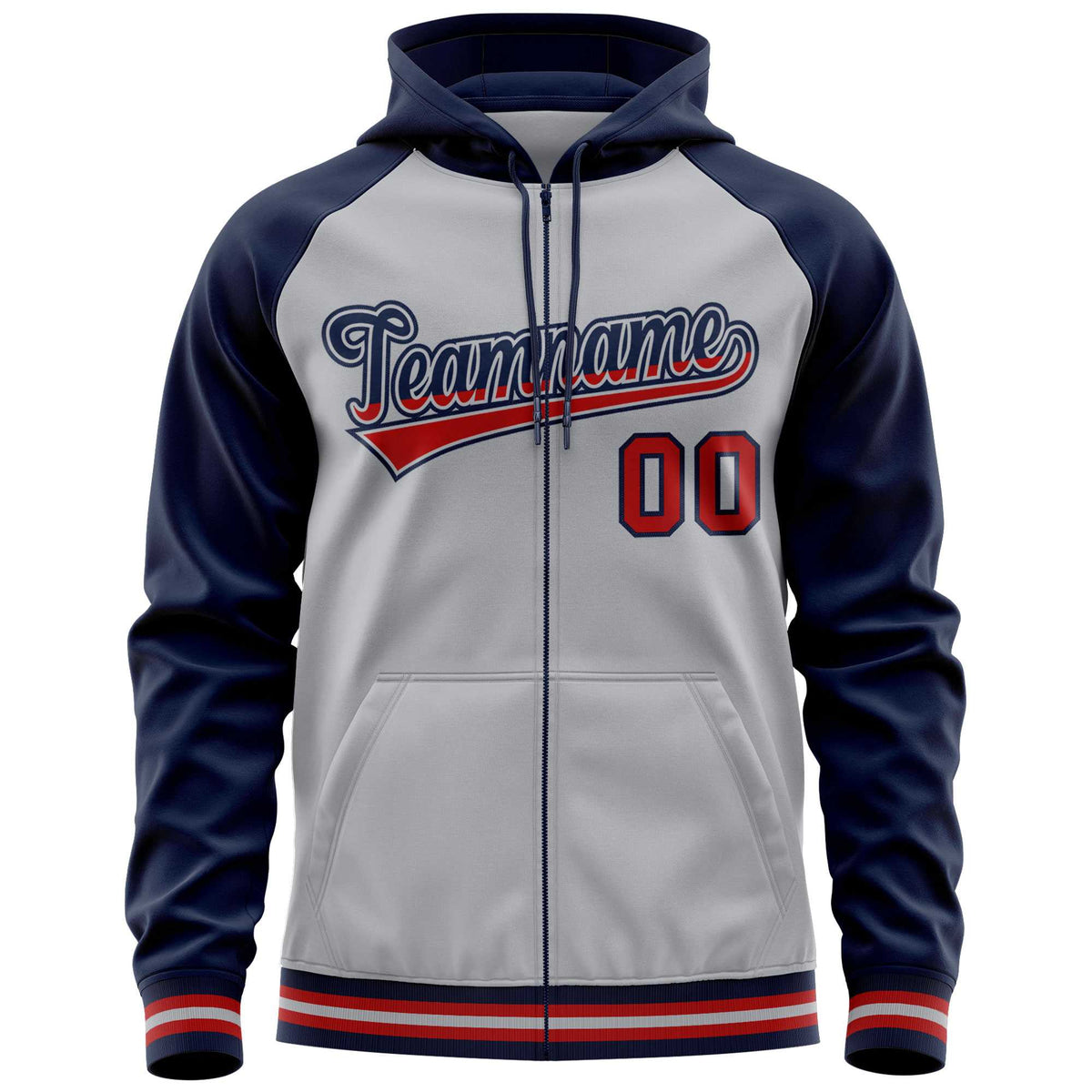 Custom Stitched Gray Navy Raglan Sleeves Sports Full-Zip Sweatshirt Hoodie| KXKSHOP