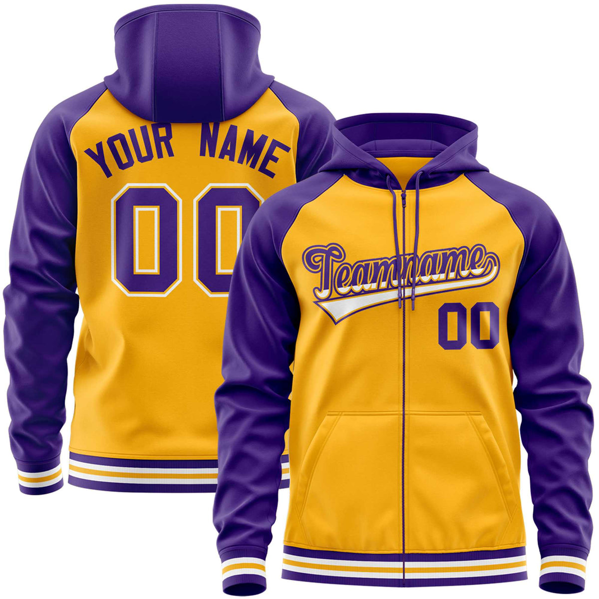 Custom Stitched Yellow Purple Raglan Sleeves Sports Full-Zip Sweatshirt Hoodie| KXKSHOP