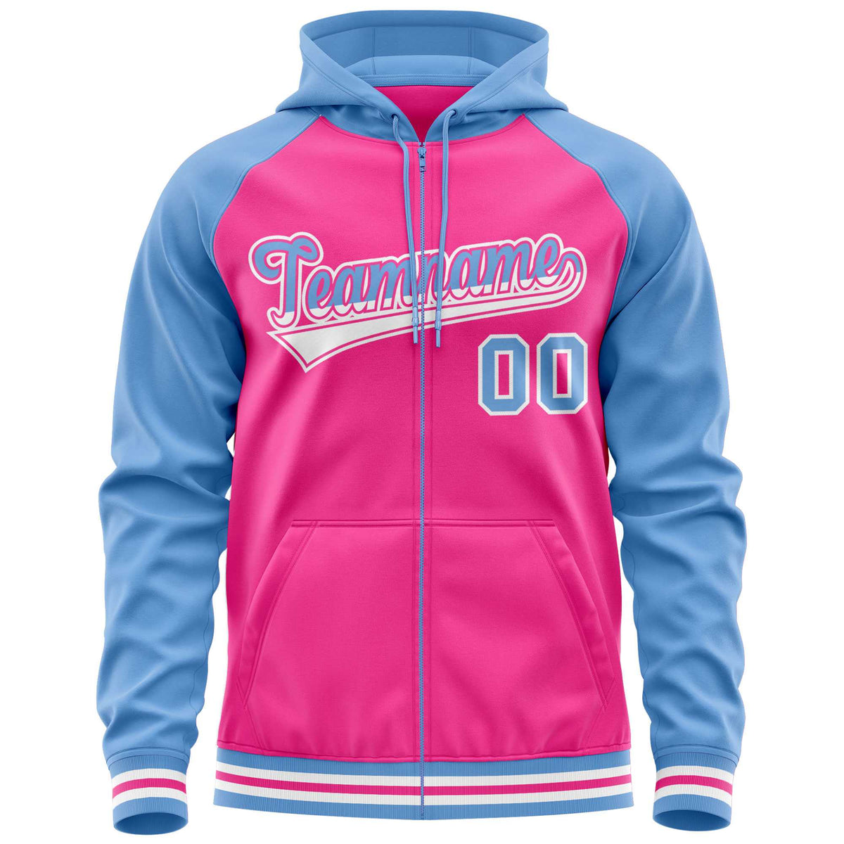 Custom Stitched Pink Powder Blue Raglan Sleeves Sports Full-Zip Sweatshirt Hoodie| KXKSHOP