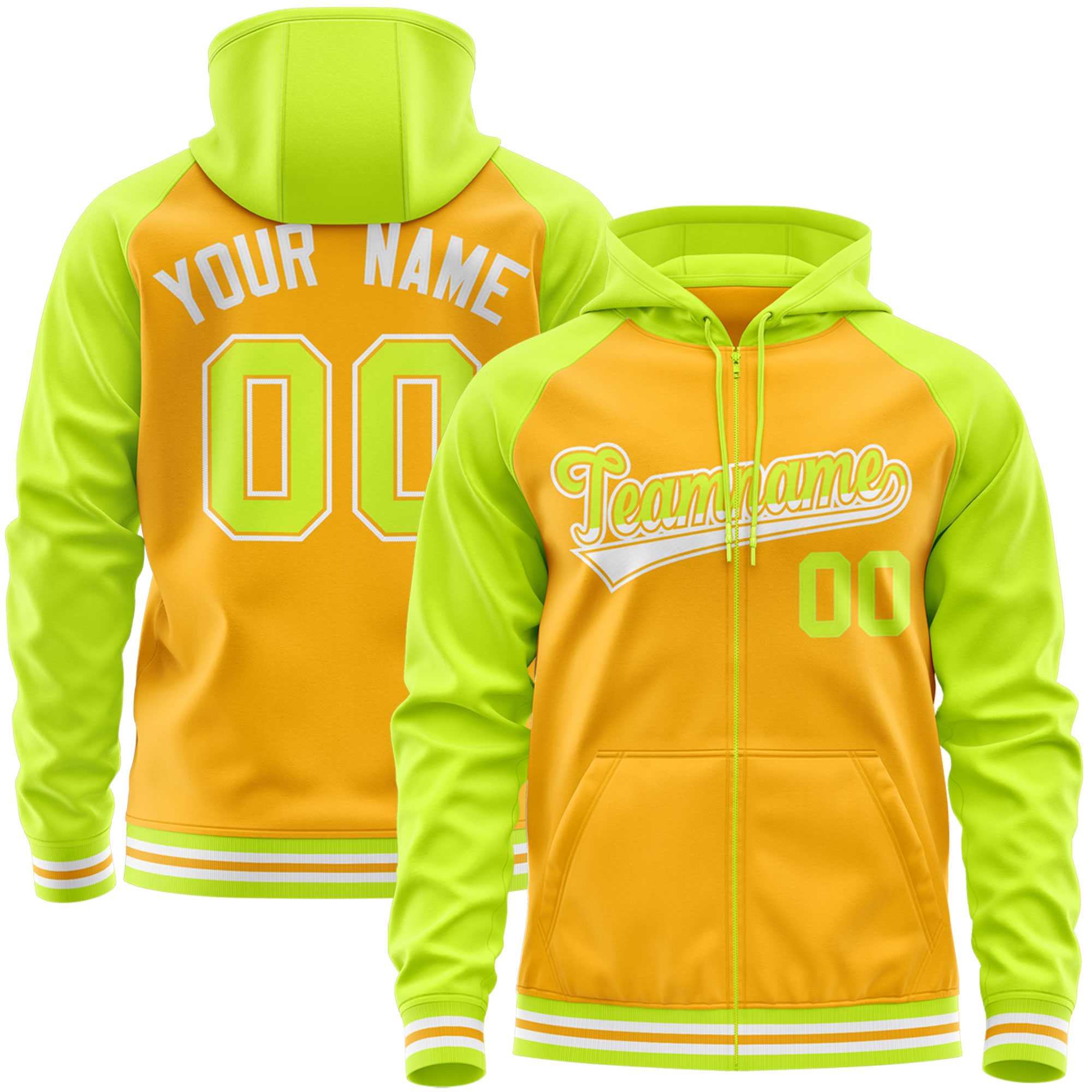 Custom Stitched Yellow Neon Green Raglan Sleeves Sports Full-Zip Sweatshirt Hoodie| KXKSHOP