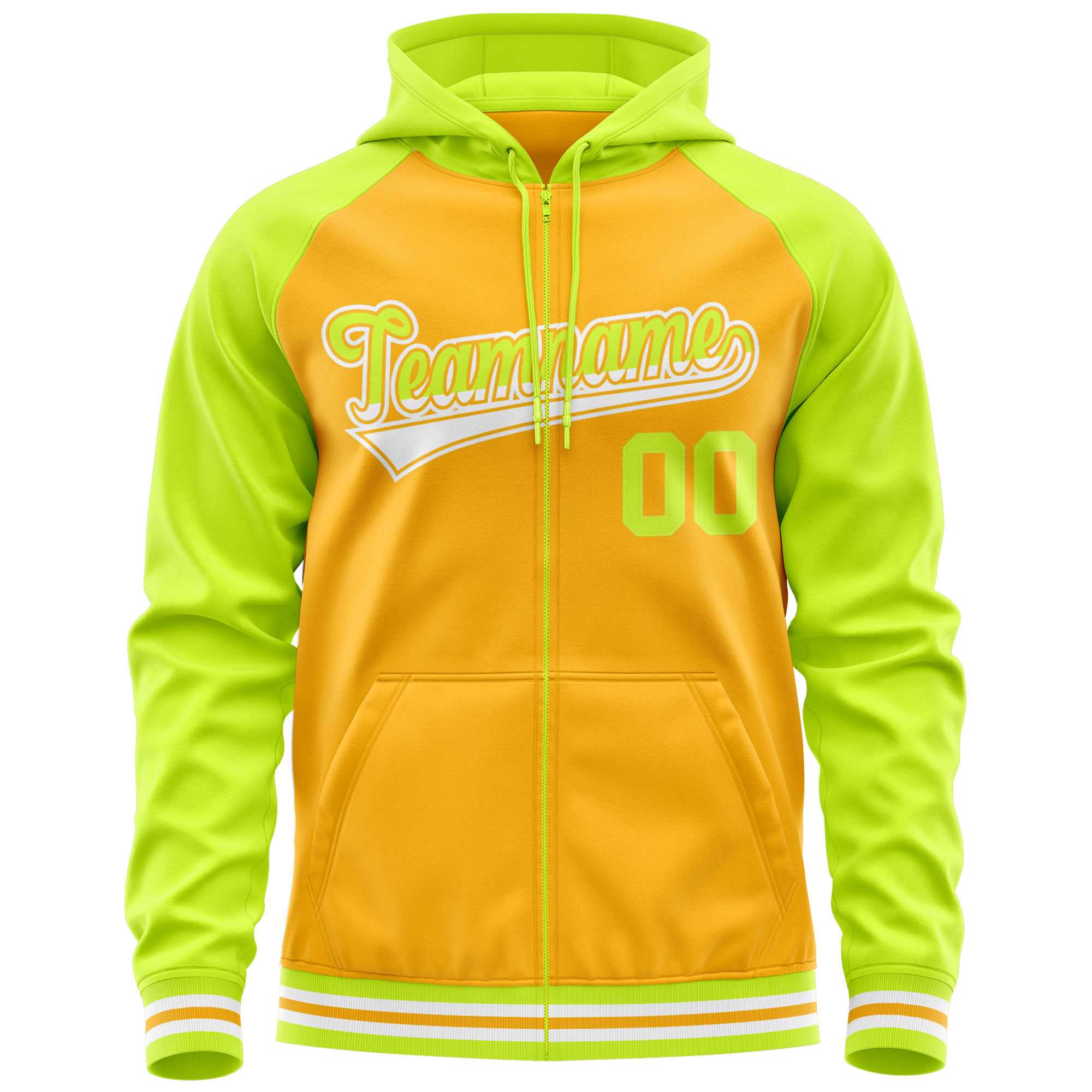 Custom Stitched Yellow Neon Green Raglan Sleeves Sports Full-Zip Sweatshirt Hoodie| KXKSHOP