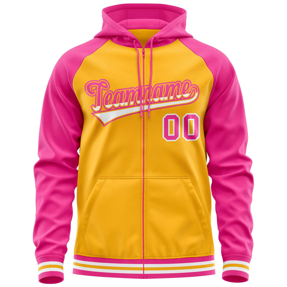 Custom Stitched Yellow Pink Raglan Sleeves Sports Full-Zip Sweatshirt Hoodie| KXKSHOP