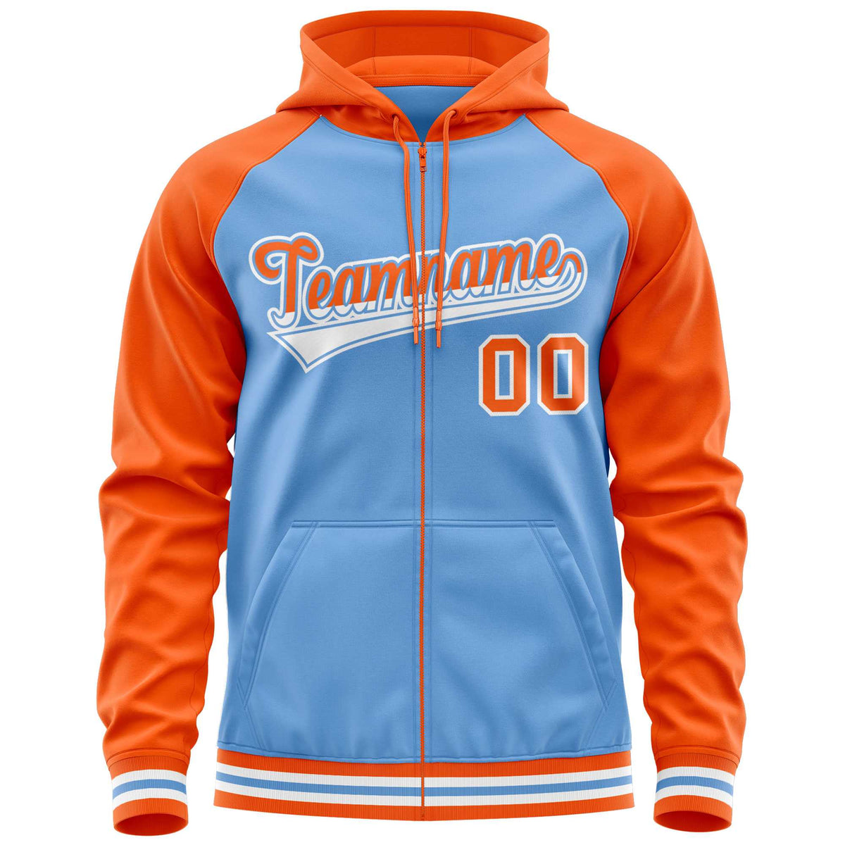 Custom Stitched Powder Blue Orange Raglan Sleeves Sports Full-Zip Sweatshirt Hoodie| KXKSHOP
