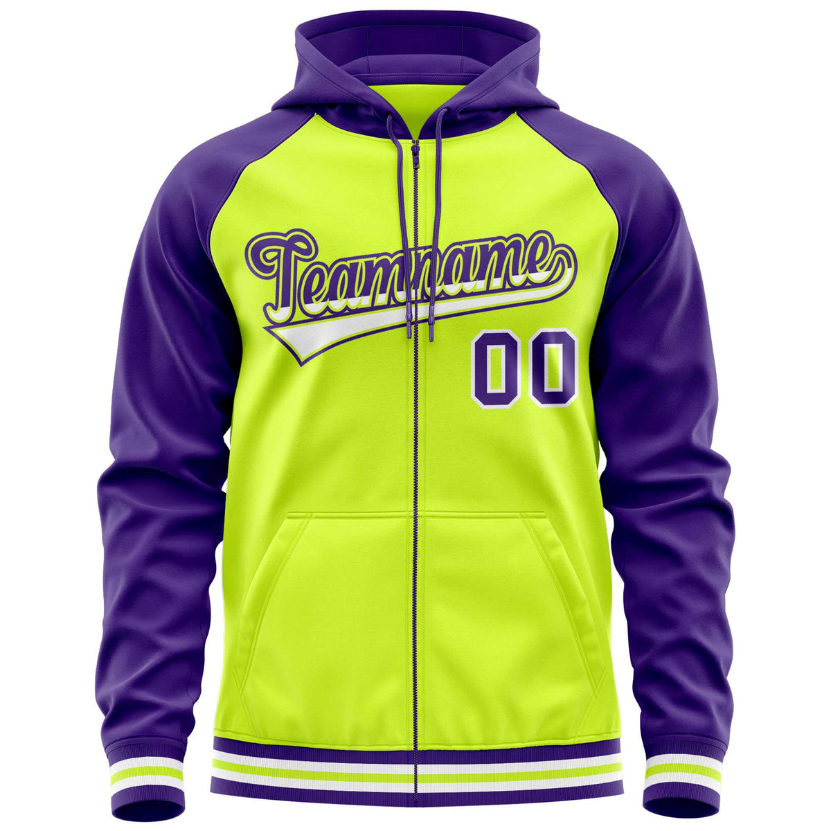 Custom Stitched Neon Green Purple Raglan Sleeves Sports Full-Zip Sweatshirt Hoodie| KXKSHOP