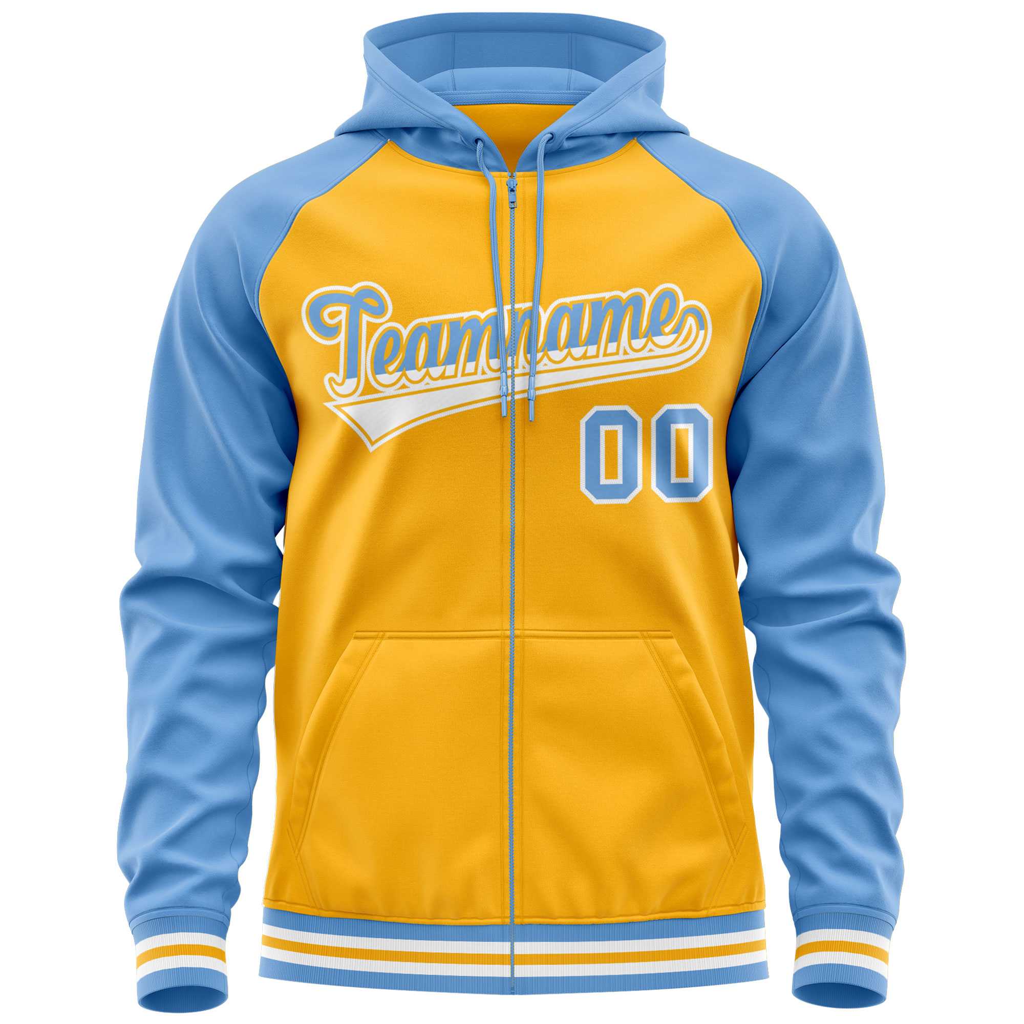 Custom Stitched Yellow Powder Blue Raglan Sleeves Sports Full-Zip Sweatshirt Hoodie| KXKSHOP