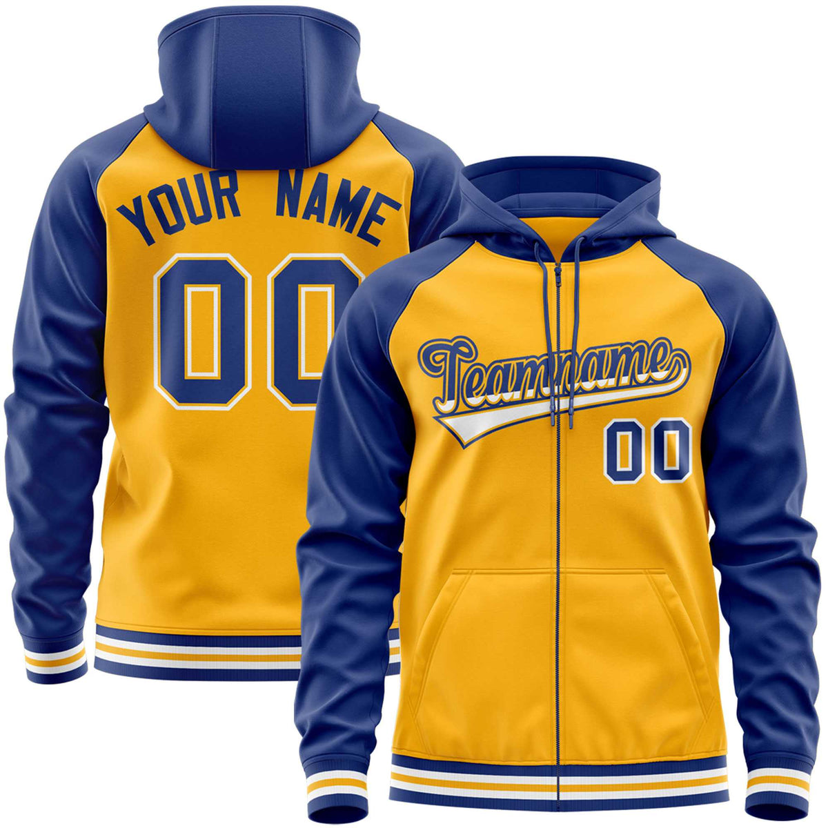 Custom Stitched Yellow Royal Raglan Sleeves Sports Full-Zip Sweatshirt Hoodie| KXKSHOP