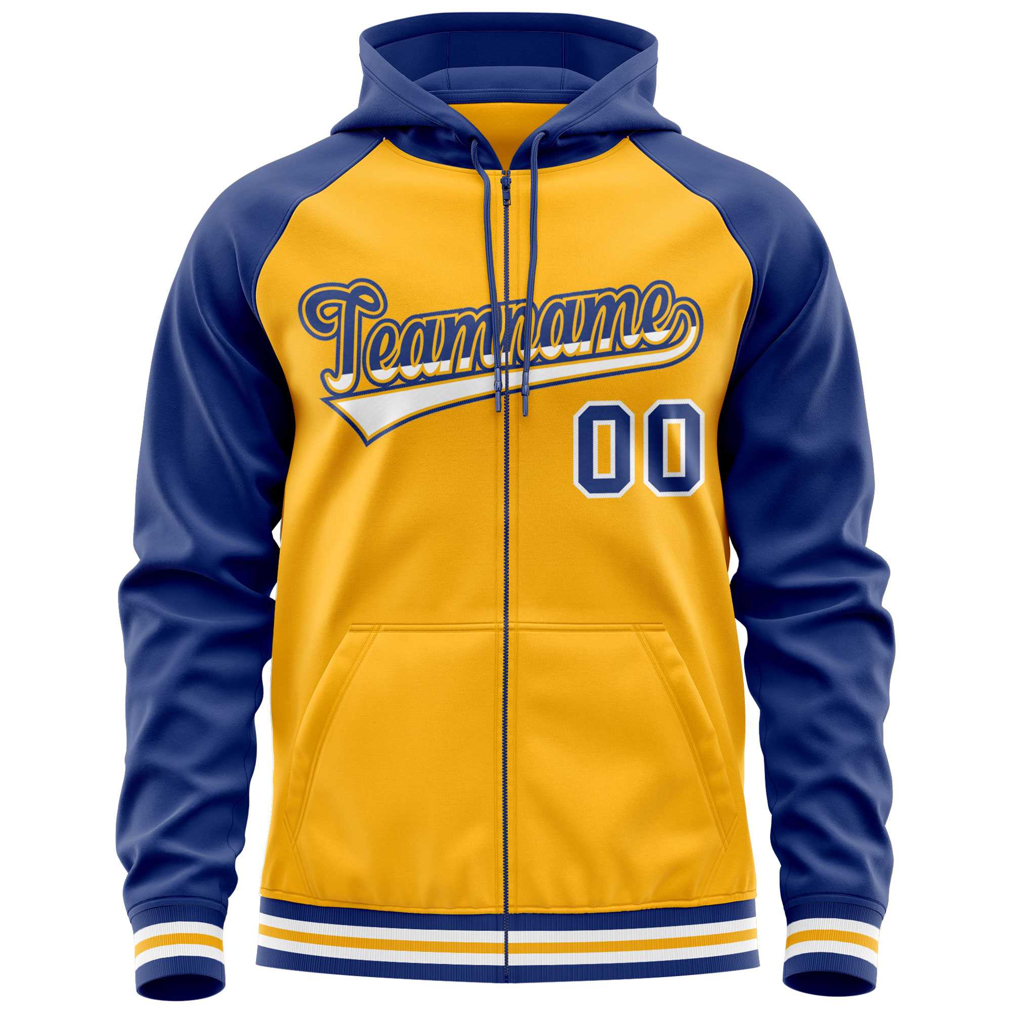 Custom Stitched Yellow Royal Raglan Sleeves Sports Full-Zip Sweatshirt Hoodie| KXKSHOP