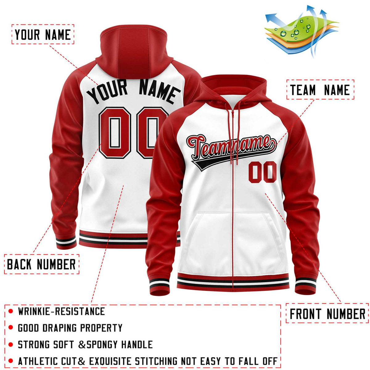 Custom Stitched White Red Raglan Sleeves Sports Full-Zip Sweatshirt Hoodie| KXKSHOP
