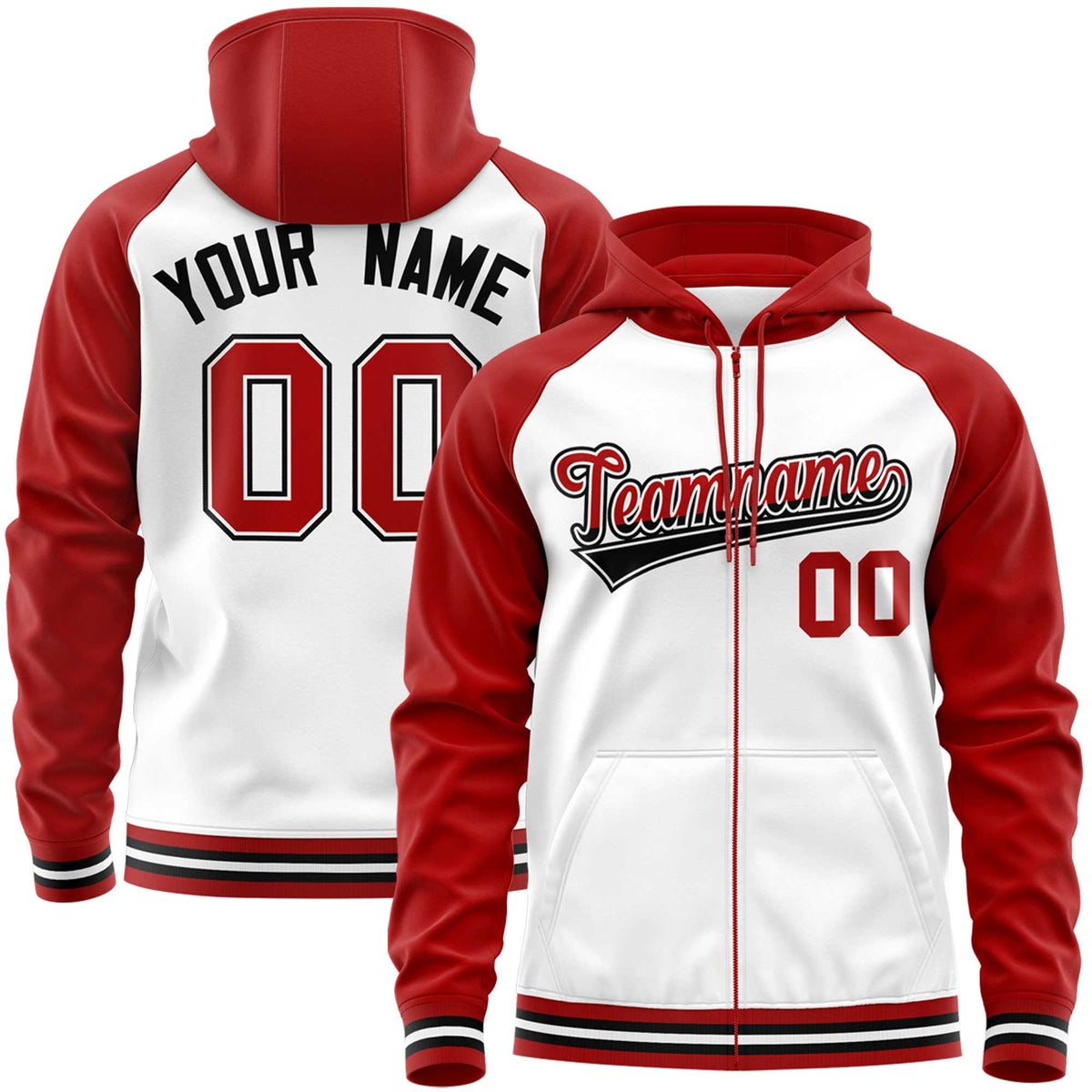 Custom Stitched White Red Raglan Sleeves Sports Full-Zip Sweatshirt Hoodie| KXKSHOP