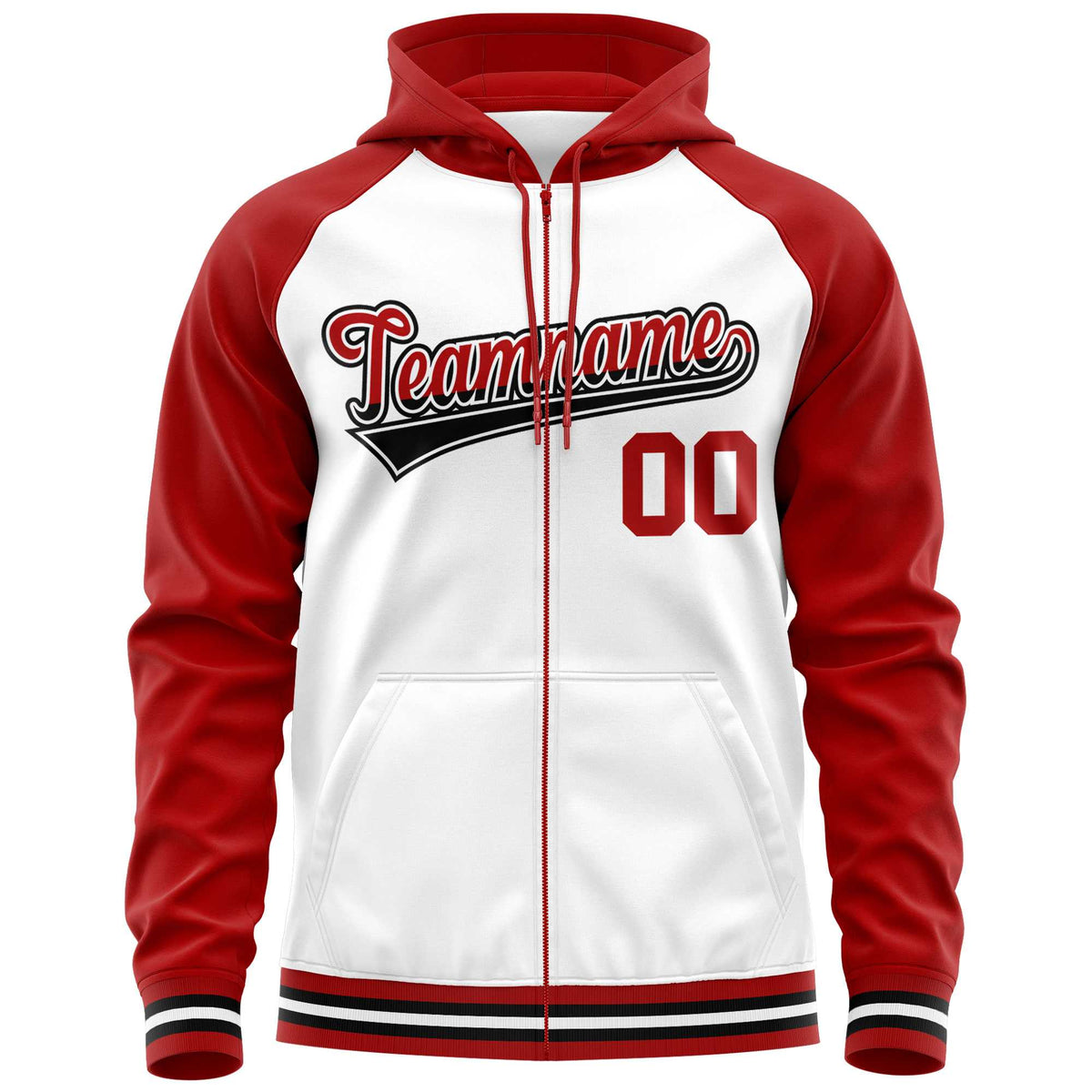 Custom Stitched White Red Raglan Sleeves Sports Full-Zip Sweatshirt Hoodie| KXKSHOP
