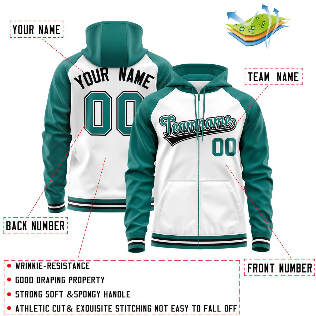 Custom Stitched White Aqua Raglan Sleeves Sports Full-Zip Sweatshirt Hoodie| KXKSHOP