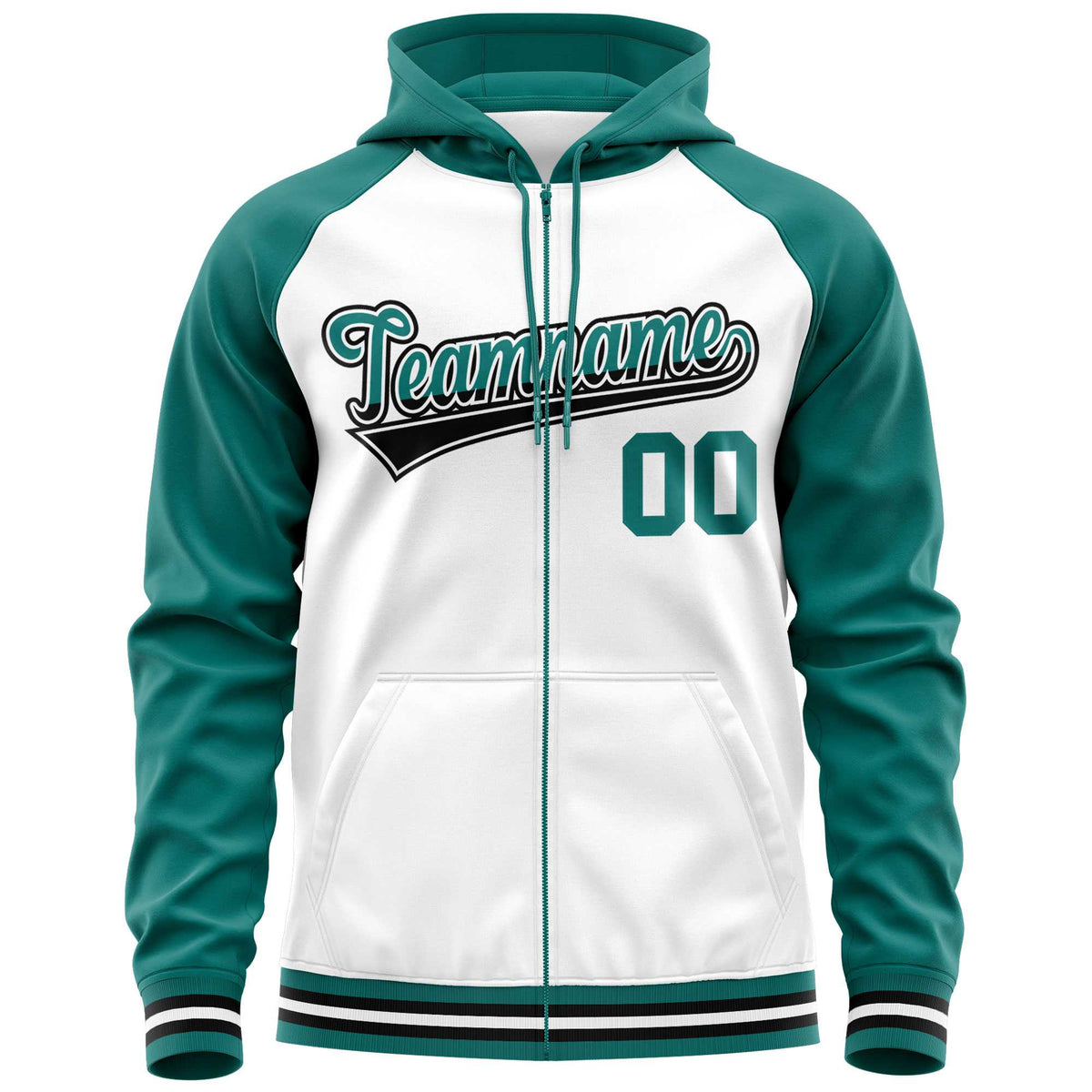 Custom Stitched White Aqua Raglan Sleeves Sports Full-Zip Sweatshirt Hoodie| KXKSHOP