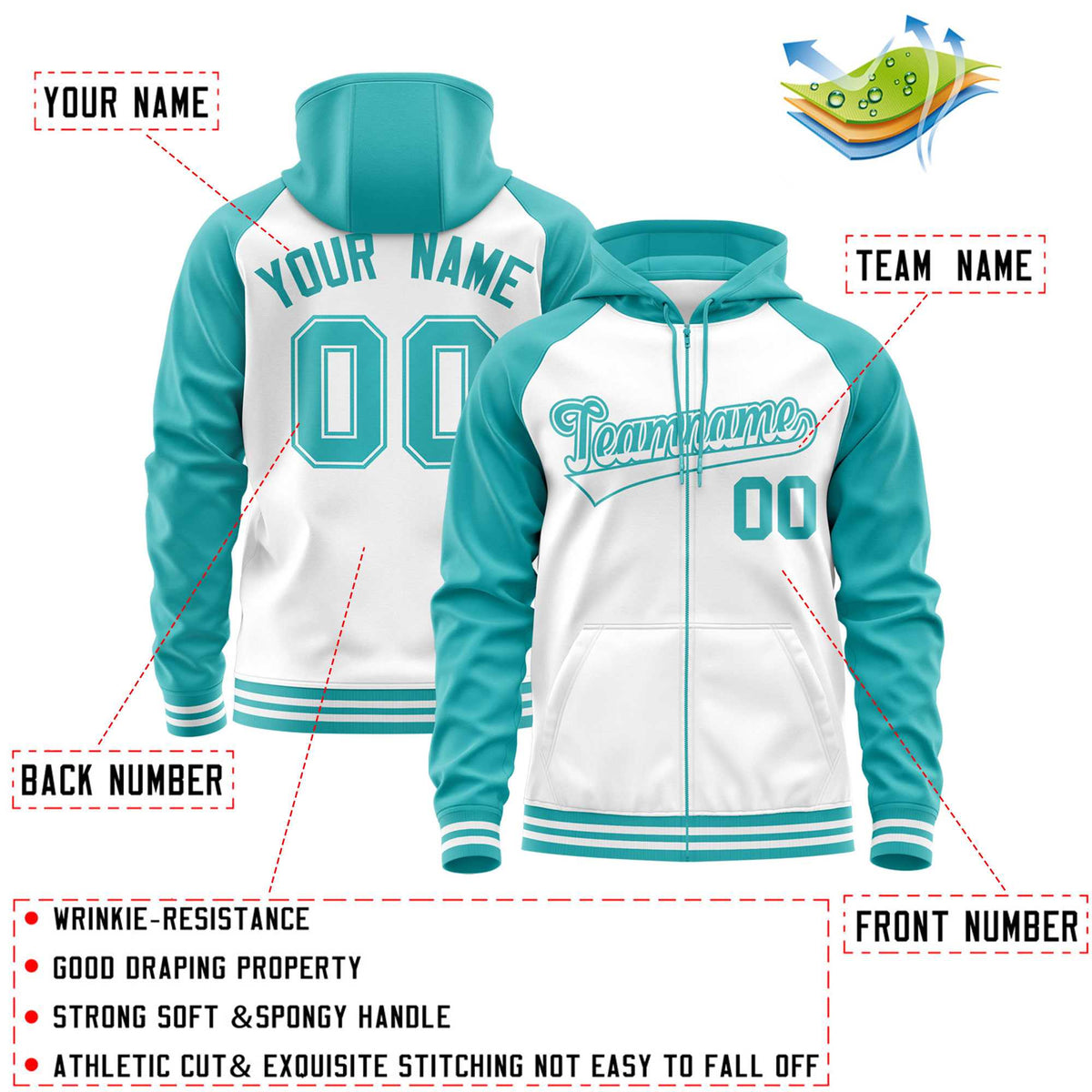 Custom Stitched White Aqua Raglan Sleeves Sports Full-Zip Sweatshirt Hoodie| KXKSHOP