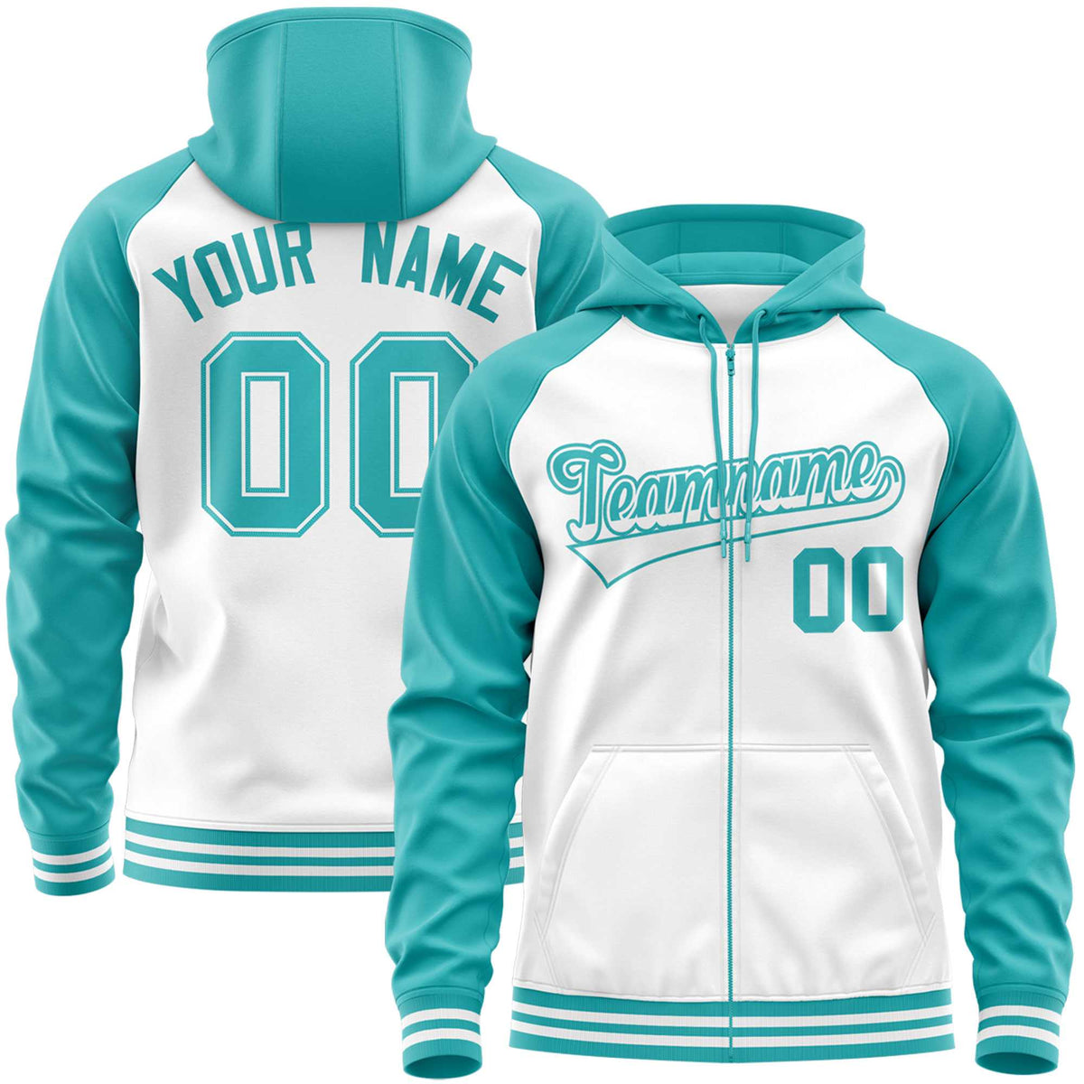 Custom Stitched White Aqua Raglan Sleeves Sports Full-Zip Sweatshirt Hoodie| KXKSHOP