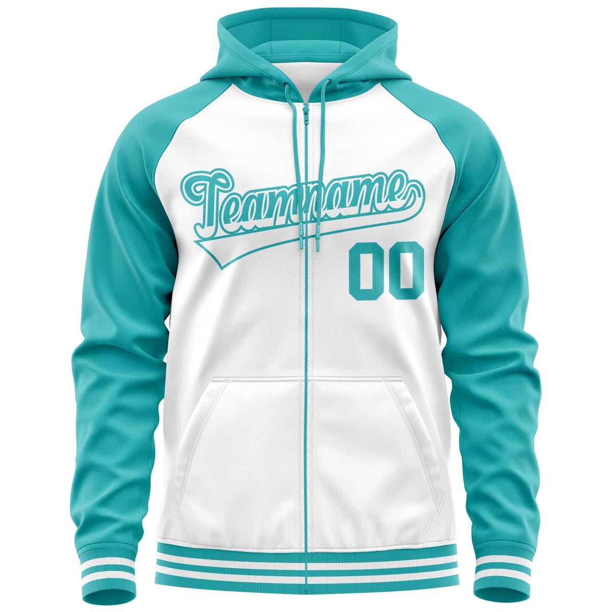 Custom Stitched White Aqua Raglan Sleeves Sports Full-Zip Sweatshirt Hoodie| KXKSHOP