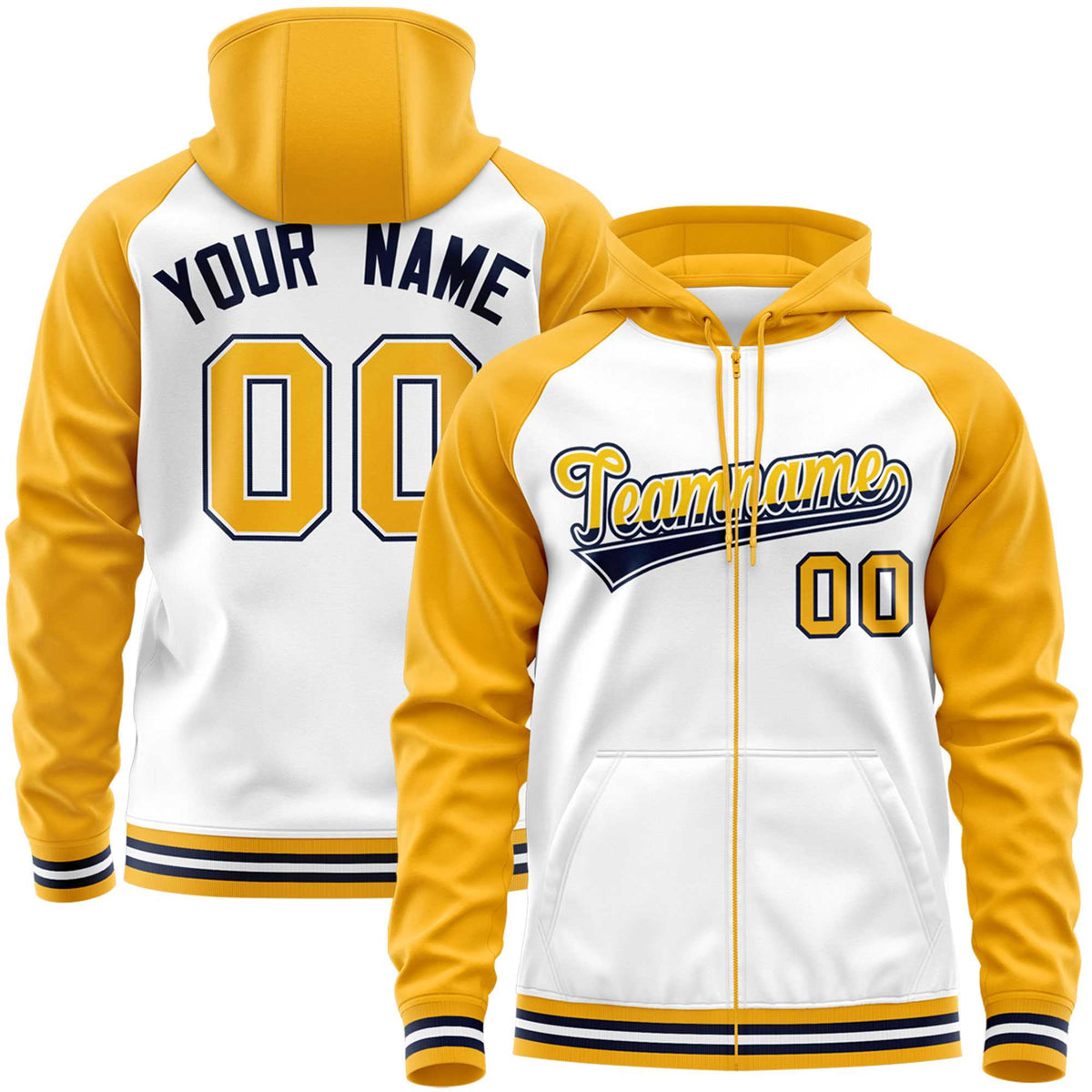 Custom Stitched White Yellow Raglan Sleeves Sports Full-Zip Sweatshirt Hoodie| KXKSHOP