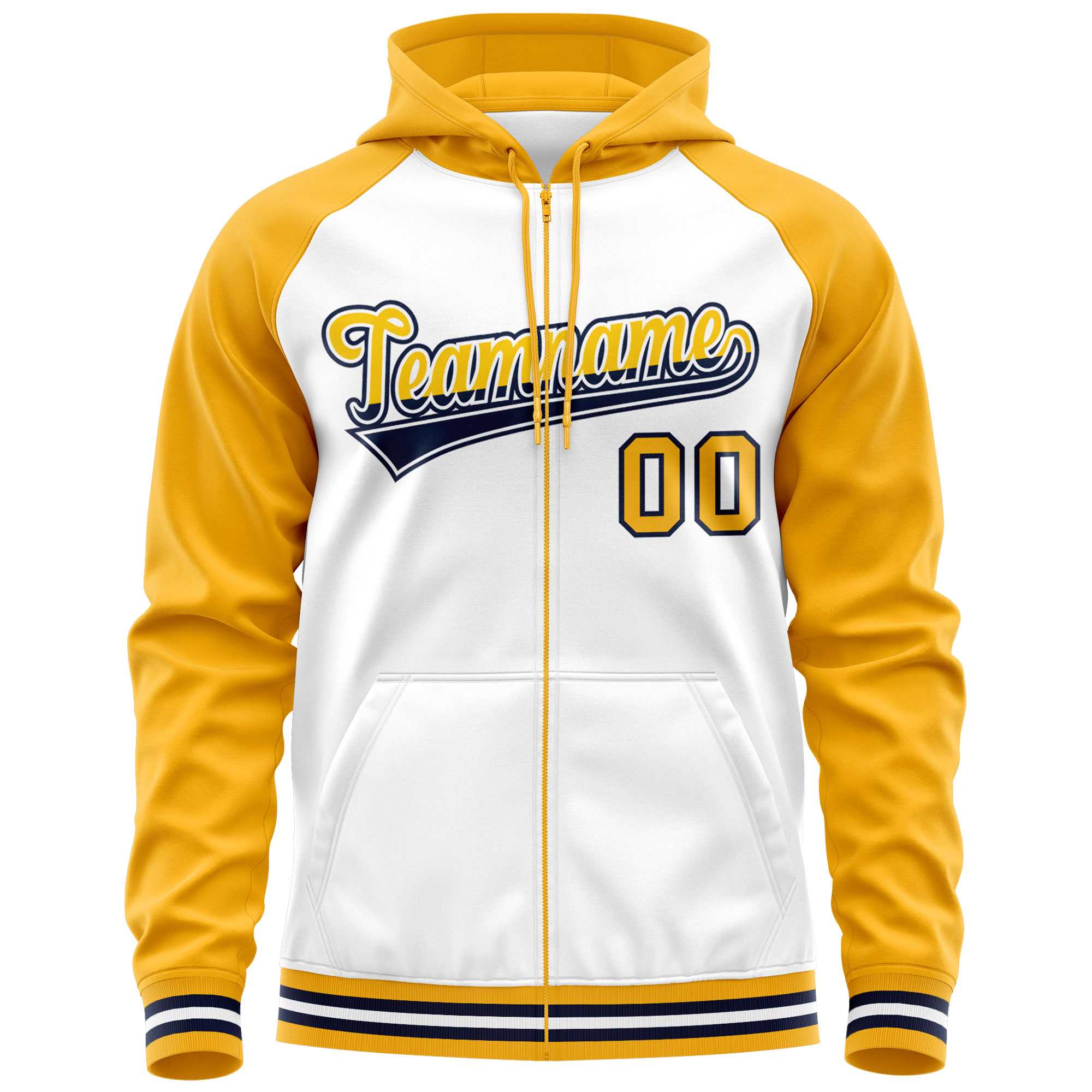 Custom Stitched White Yellow Raglan Sleeves Sports Full-Zip Sweatshirt Hoodie| KXKSHOP