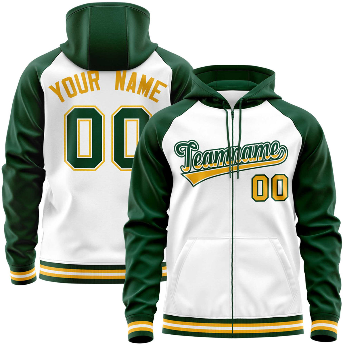 Custom Stitched White Green Raglan Sleeves Sports Full-Zip Sweatshirt Hoodie| KXKSHOP