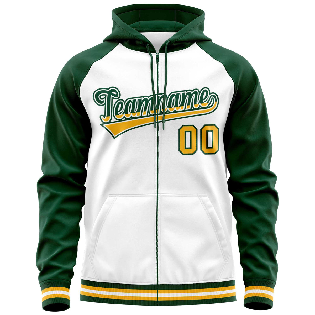 Custom Stitched White Green Raglan Sleeves Sports Full-Zip Sweatshirt Hoodie| KXKSHOP