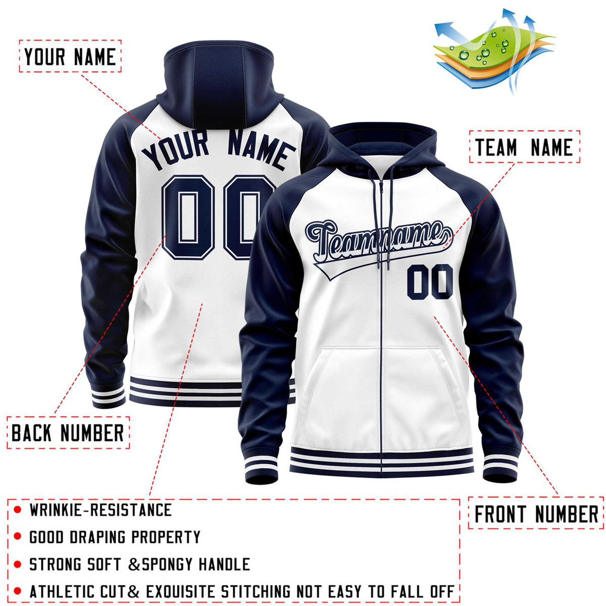 Custom Stitched White Navy Raglan Sleeves Sports Full-Zip Sweatshirt Hoodie| KXKSHOP