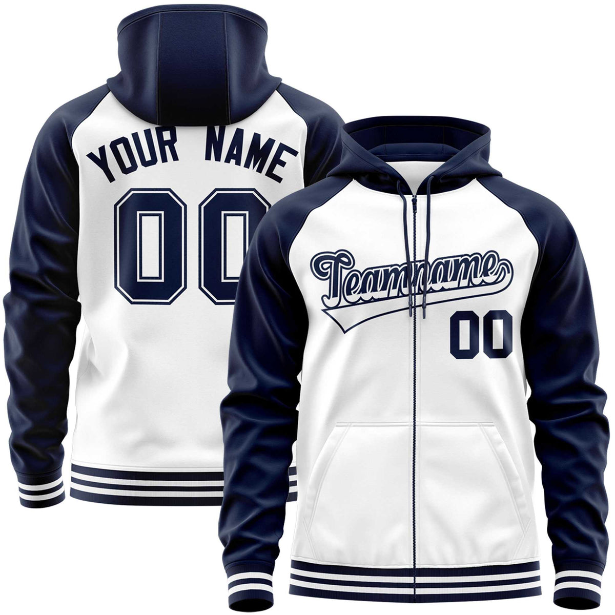 Custom Stitched White Navy Raglan Sleeves Sports Full-Zip Sweatshirt Hoodie| KXKSHOP