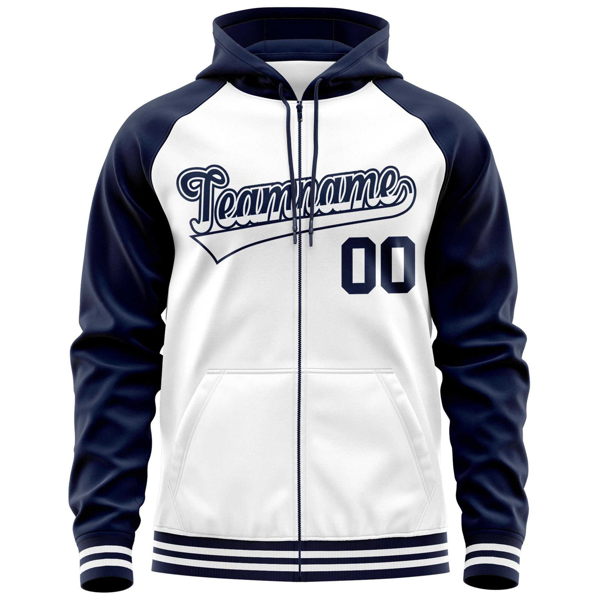 Custom Stitched White Navy Raglan Sleeves Sports Full-Zip Sweatshirt Hoodie| KXKSHOP
