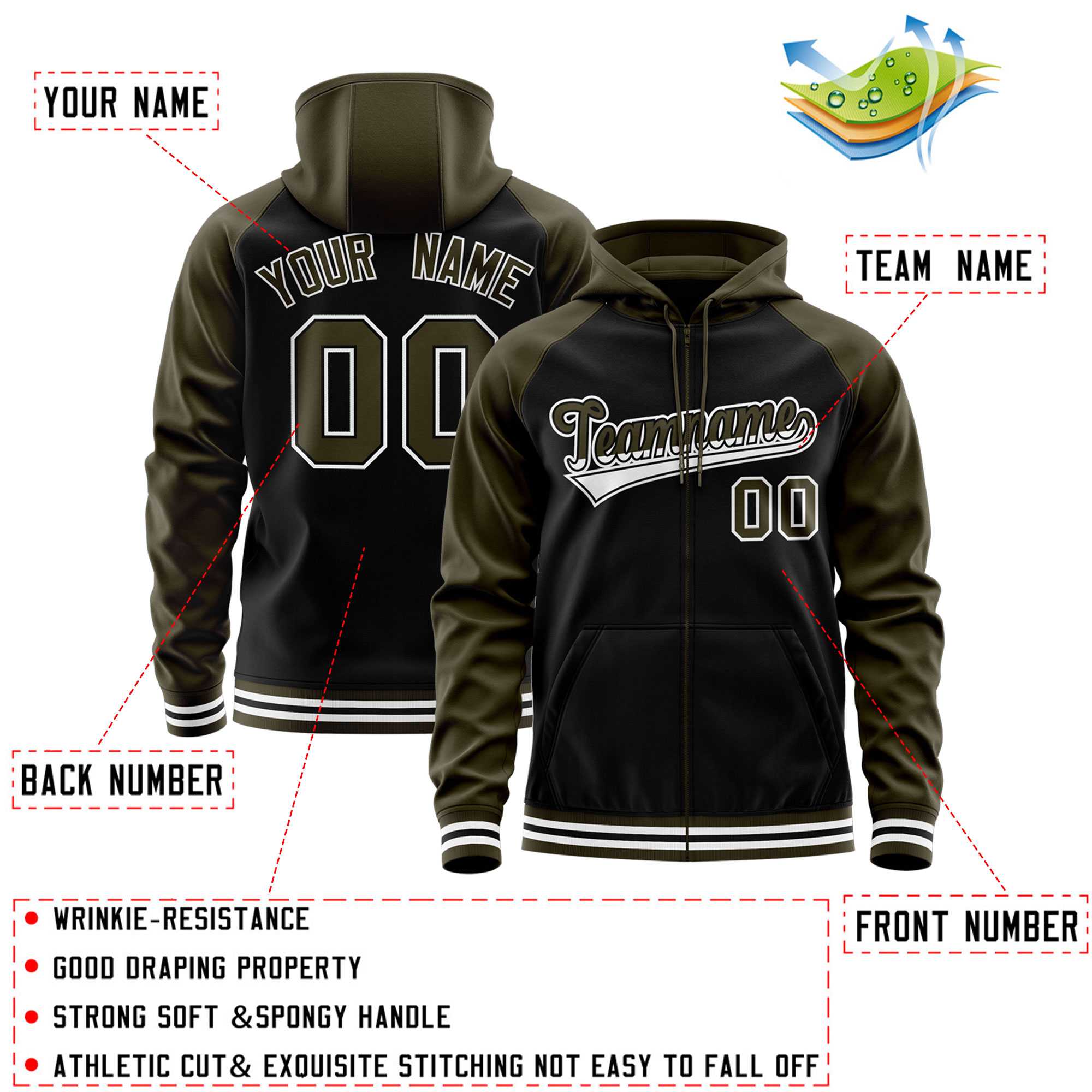 Custom Stitched Black Olive Raglan Sleeves Sports Full-Zip Sweatshirt Hoodie| KXKSHOP