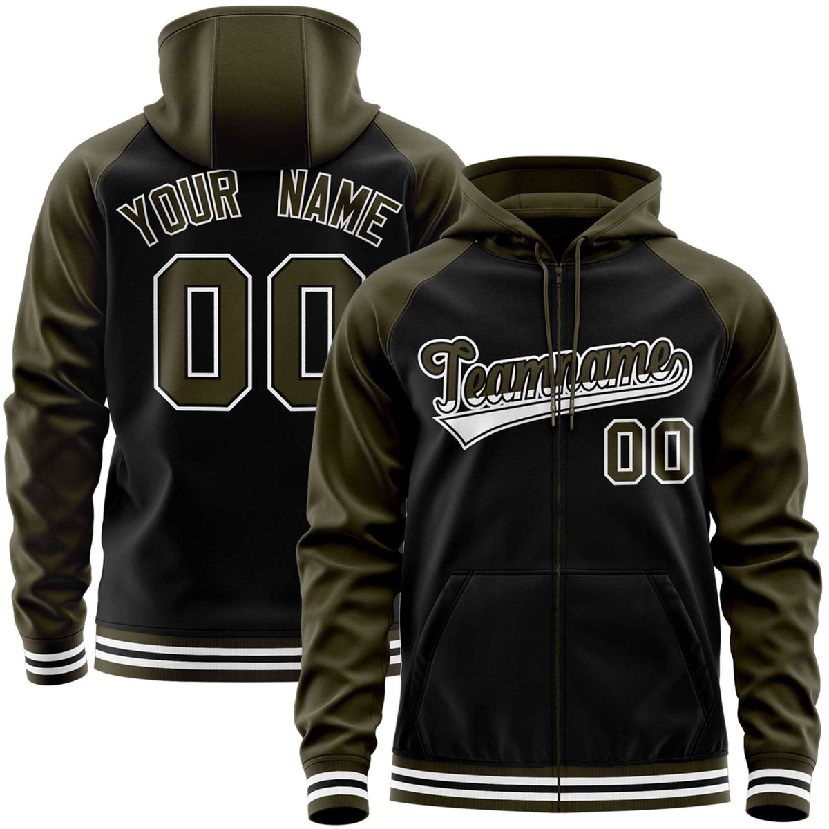 Custom Stitched Black Olive Raglan Sleeves Sports Full-Zip Sweatshirt Hoodie| KXKSHOP