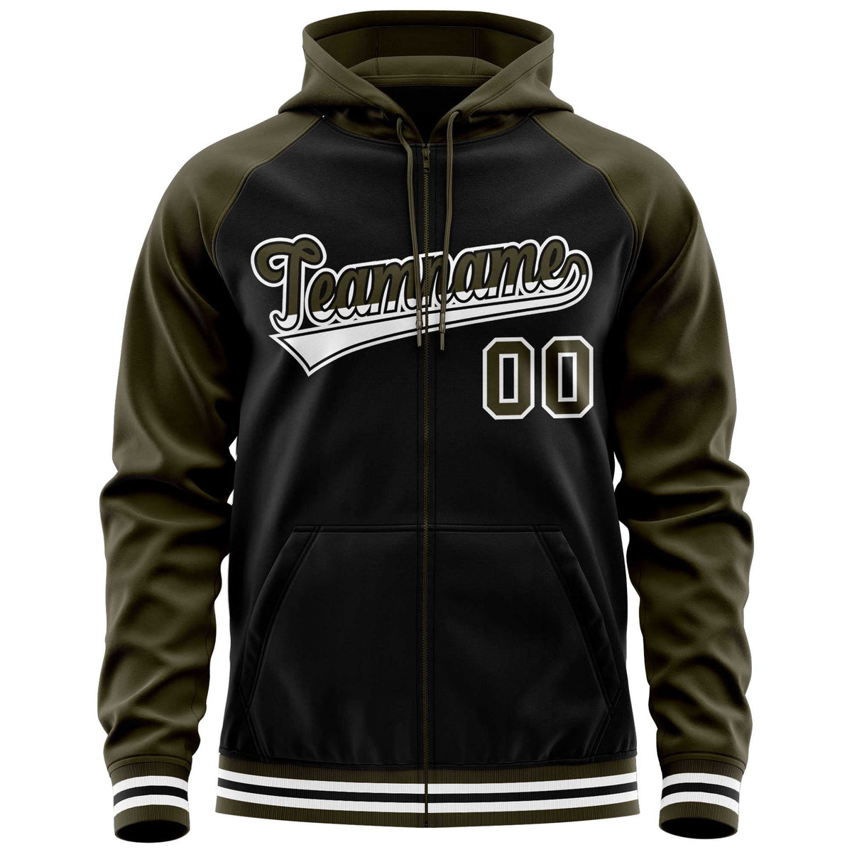 Custom Stitched Black Olive Raglan Sleeves Sports Full-Zip Sweatshirt Hoodie| KXKSHOP