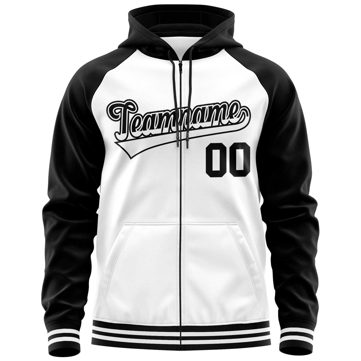 Custom Stitched White Black Raglan Sleeves Sports Full-Zip Sweatshirt Hoodie| KXKSHOP