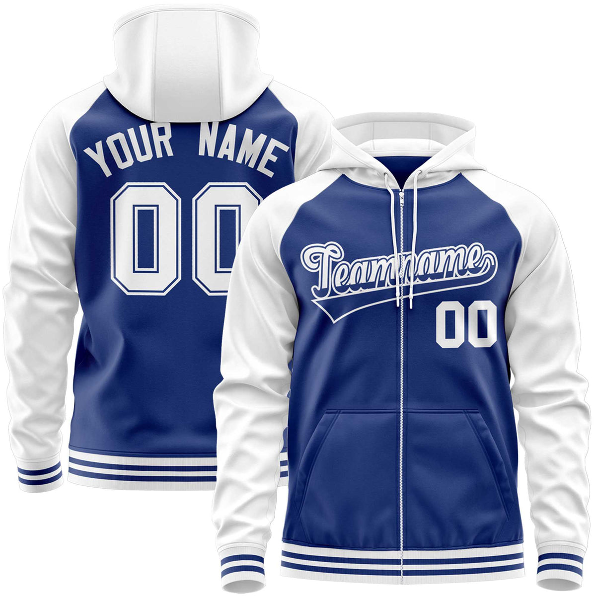 Custom Stitched Royal White Raglan Sleeves Sports Full-Zip Sweatshirt Hoodie| KXKSHOP