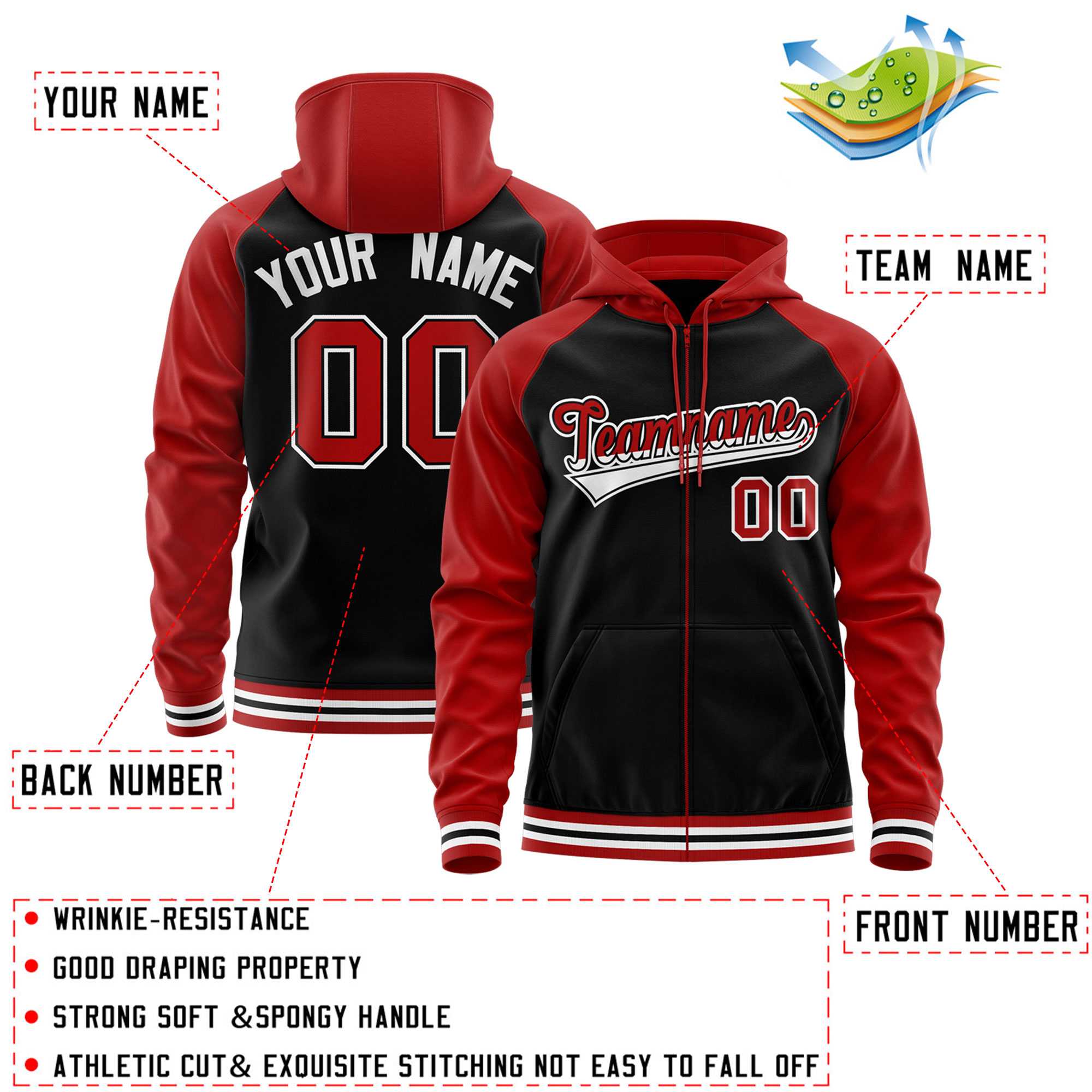 Custom Stitched Black Red Raglan Sleeves Sports Full-Zip Sweatshirt Hoodie| KXKSHOP