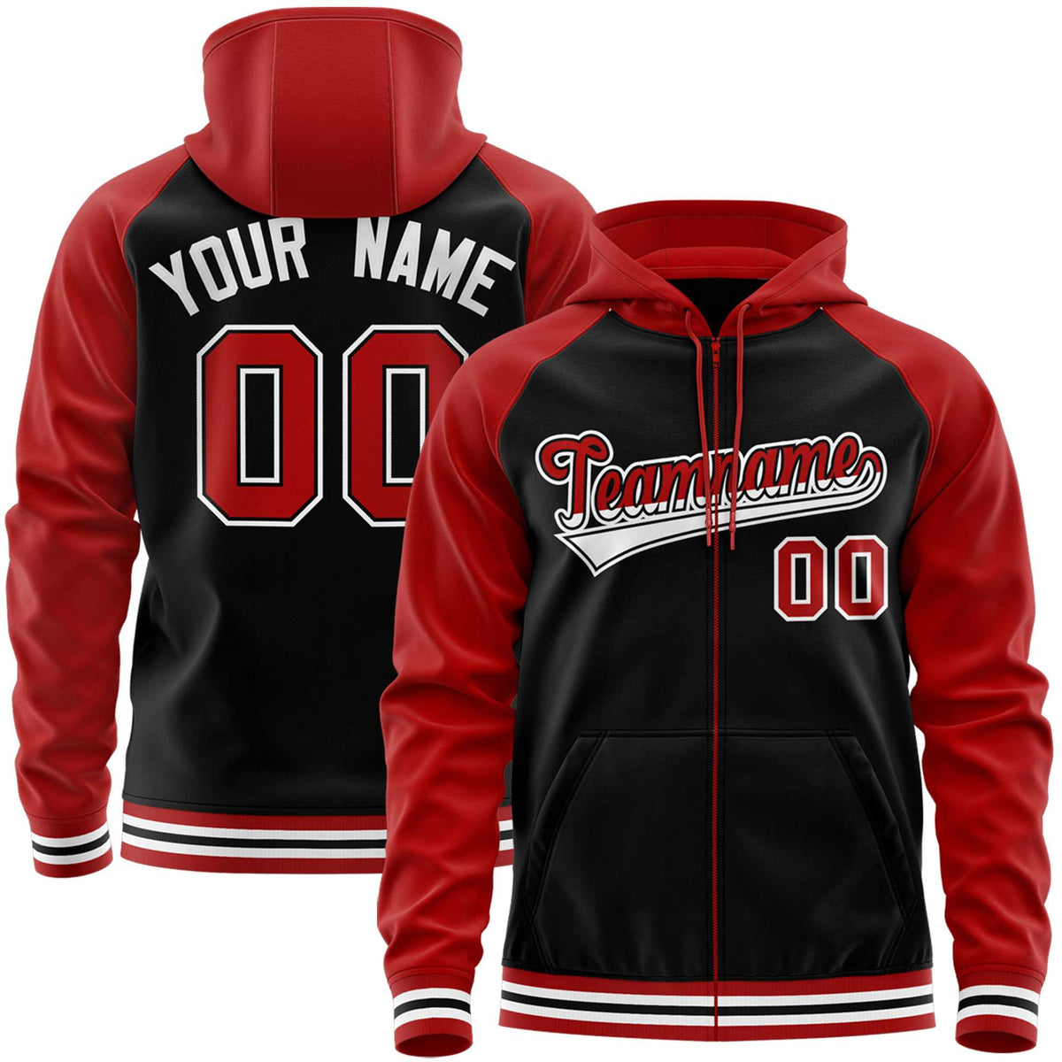 Custom Stitched Black Red Raglan Sleeves Sports Full-Zip Sweatshirt Hoodie| KXKSHOP