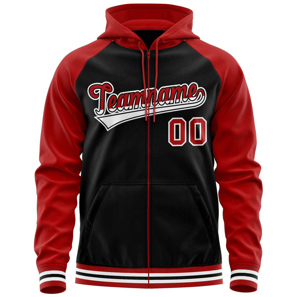 Custom Stitched Black Red Raglan Sleeves Sports Full-Zip Sweatshirt Hoodie| KXKSHOP