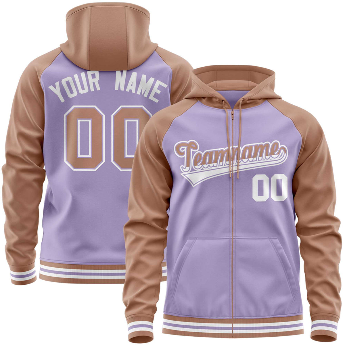 Custom Stitched Light Purple Brown Raglan Sleeves Sports Full-Zip Sweatshirt Hoodie| KXKSHOP