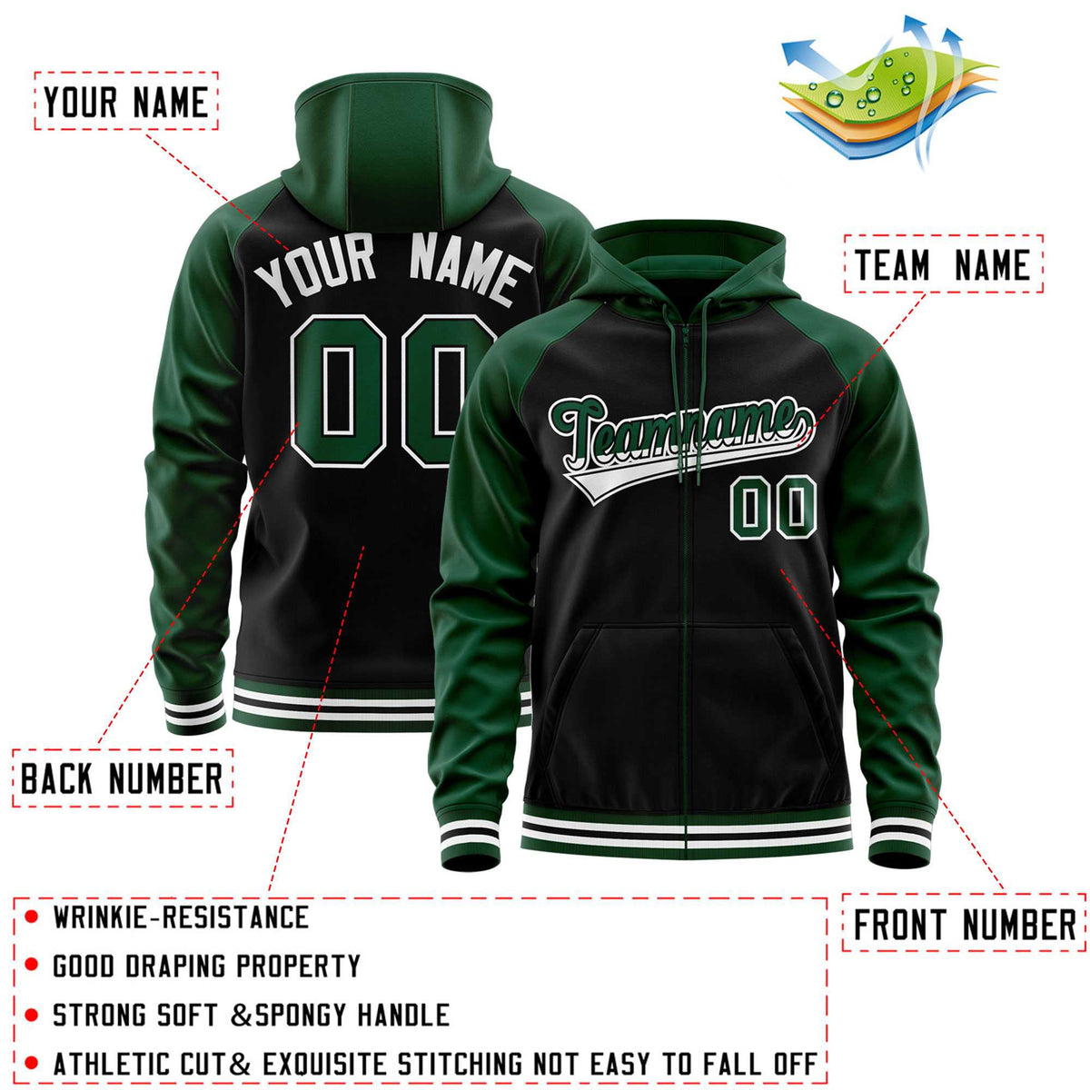 Custom Stitched Black Green Raglan Sleeves Sports Full-Zip Sweatshirt Hoodie| KXKSHOP