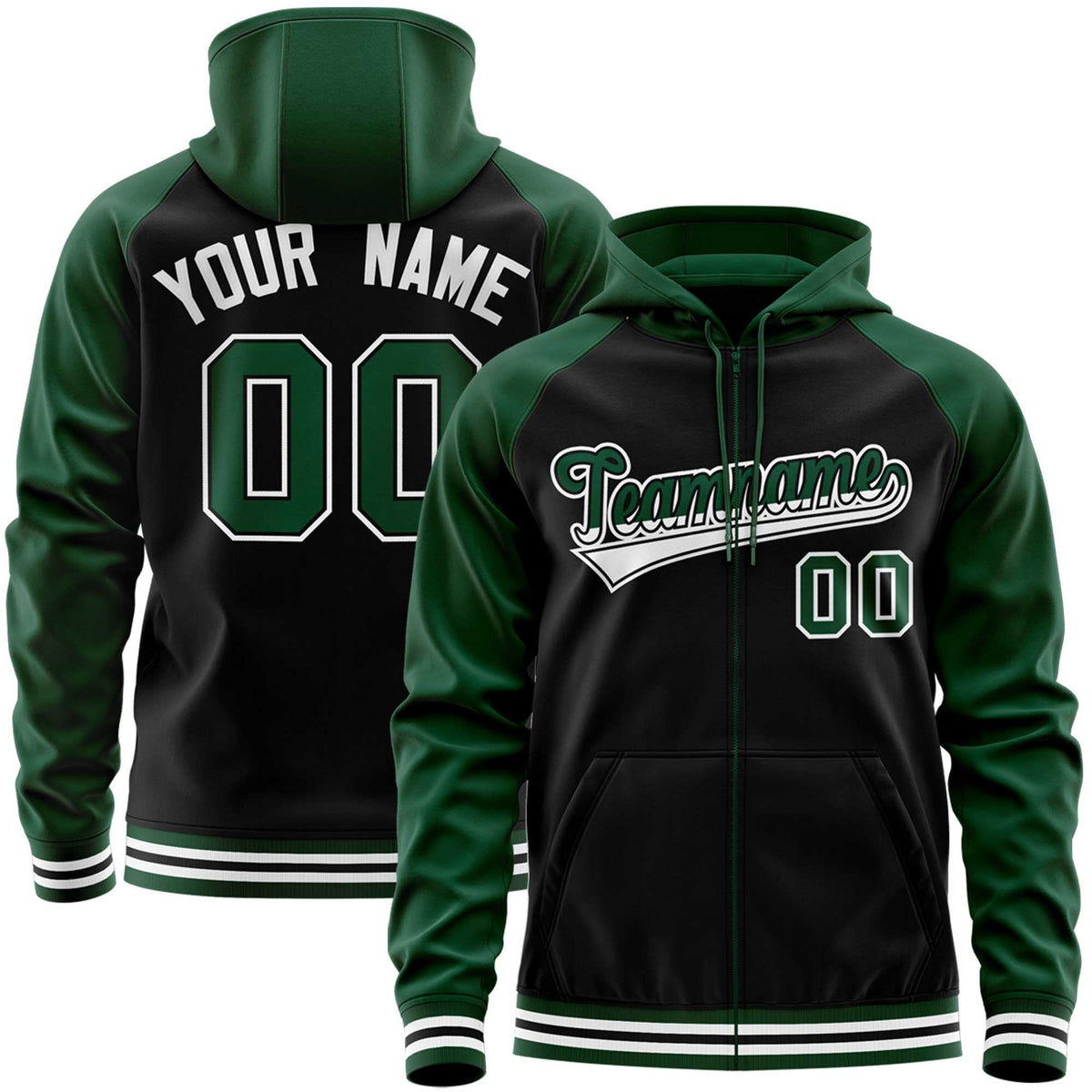 Custom Stitched Black Green Raglan Sleeves Sports Full-Zip Sweatshirt Hoodie| KXKSHOP