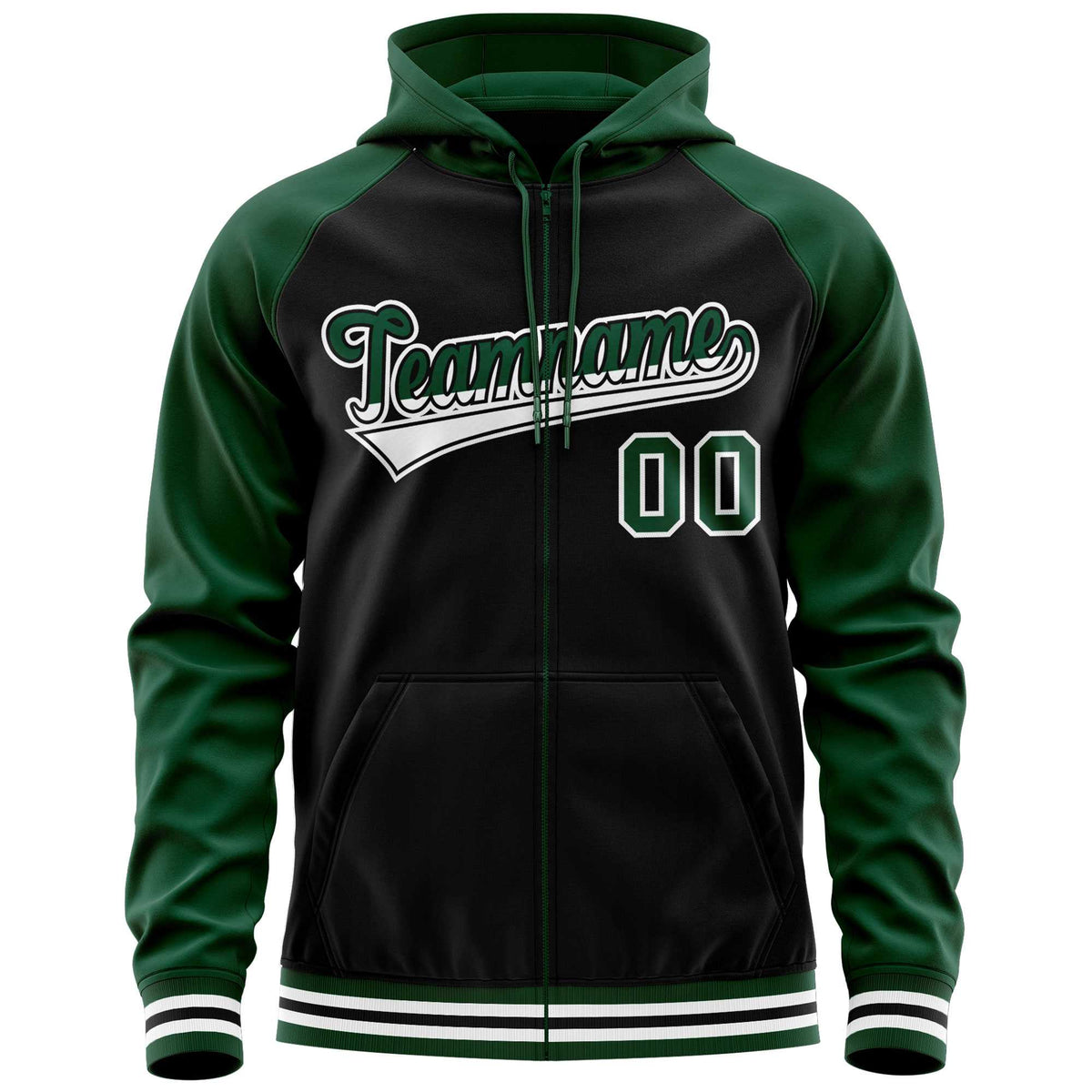 Custom Stitched Black Green Raglan Sleeves Sports Full-Zip Sweatshirt Hoodie| KXKSHOP