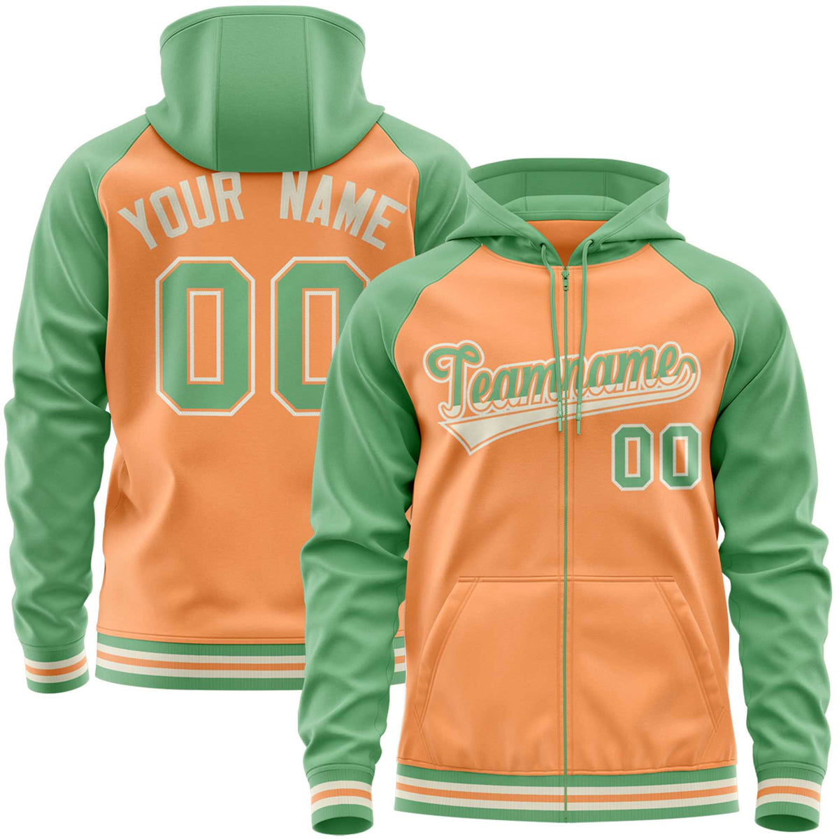 Custom Stitched Light Orange Green Raglan Sleeves Sports Full-Zip Sweatshirt Hoodie| KXKSHOP
