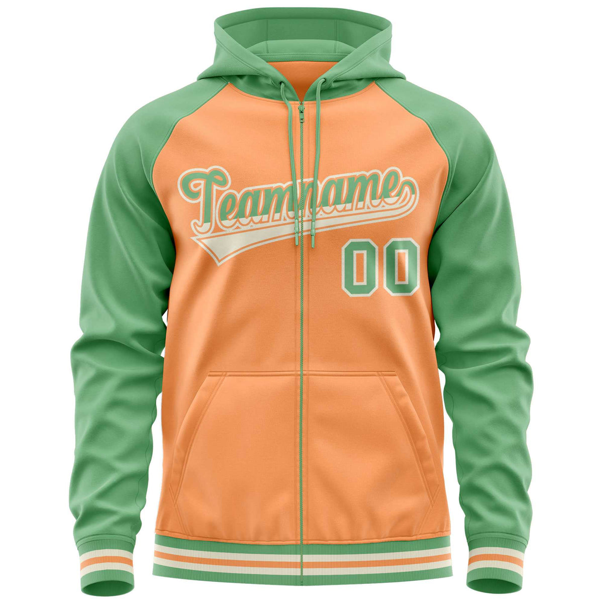 Custom Stitched Light Orange Green Raglan Sleeves Sports Full-Zip Sweatshirt Hoodie| KXKSHOP