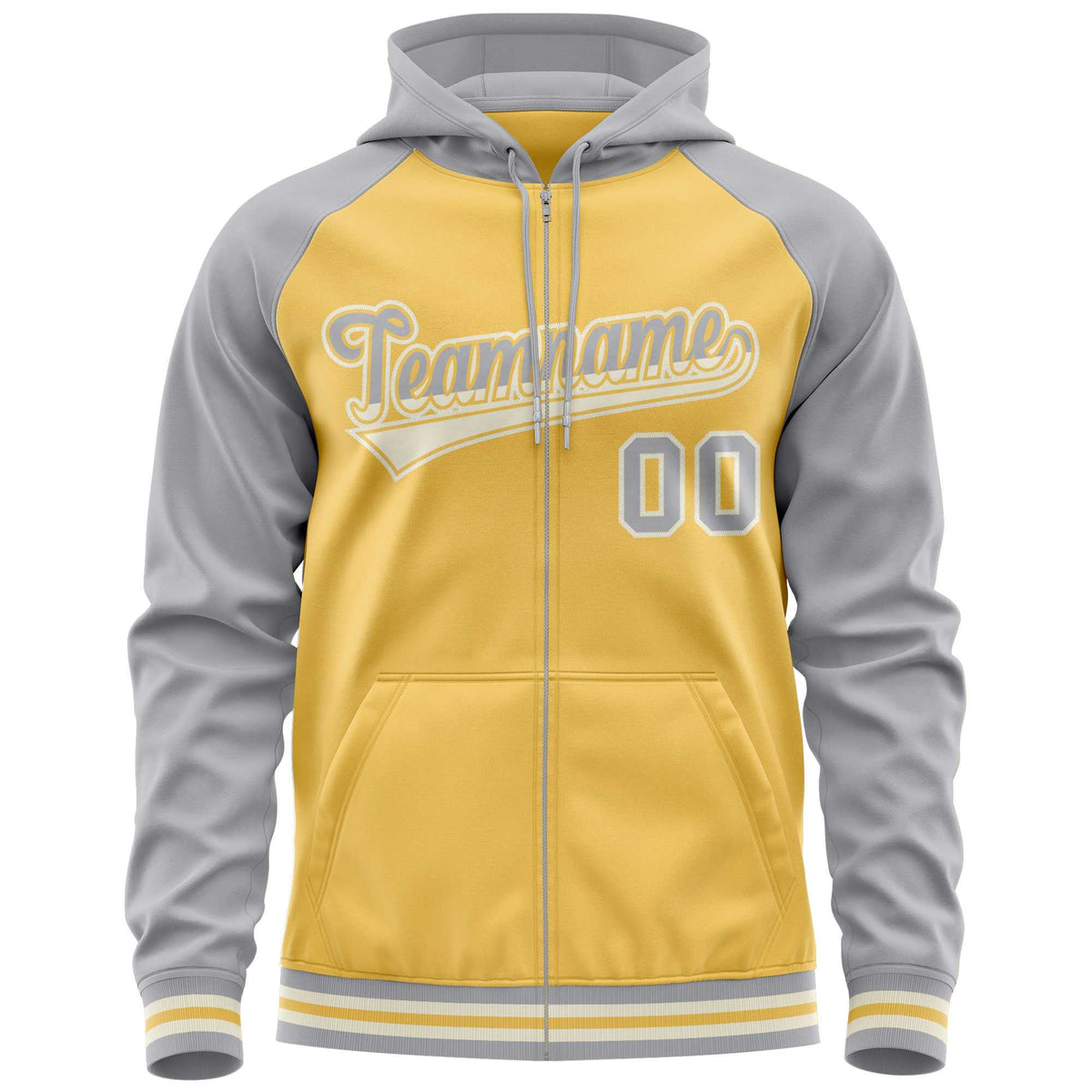 Custom Stitched Yellow Light Gray Raglan Sleeves Sports Full-Zip Sweatshirt Hoodie| KXKSHOP