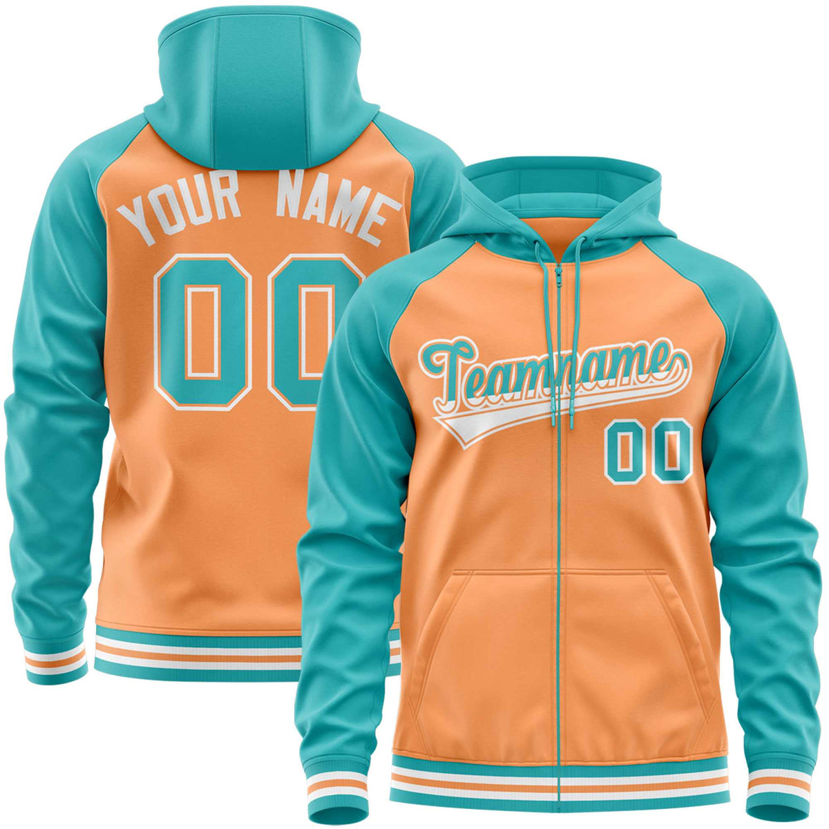 Custom Stitched Light Orange Aqua Raglan Sleeves Sports Full-Zip Sweatshirt Hoodie| KXKSHOP