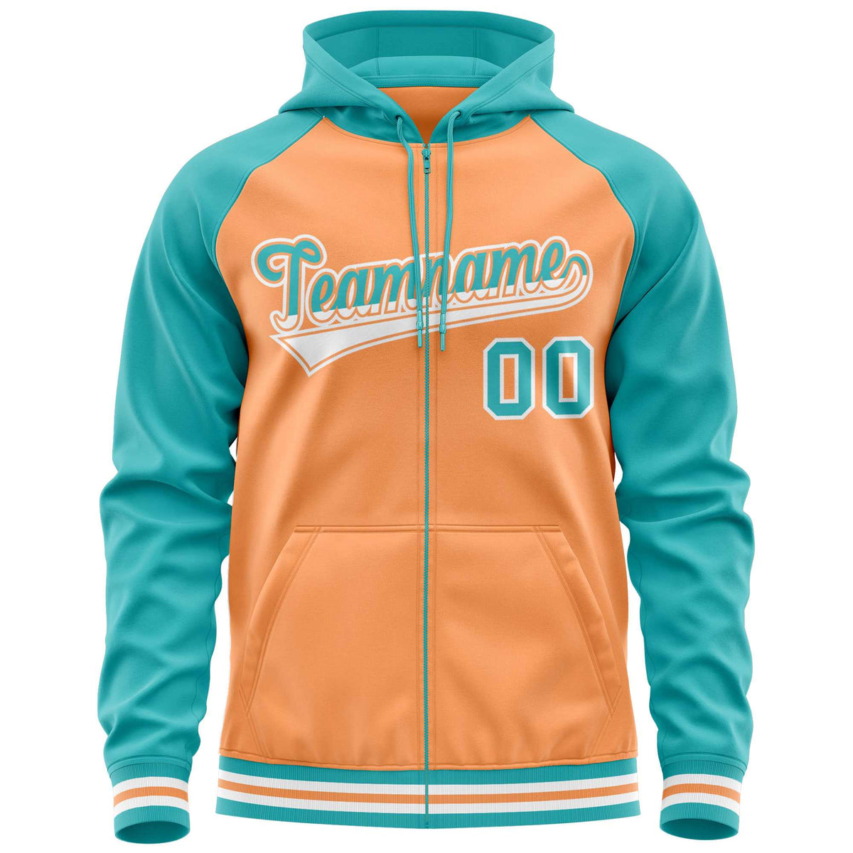 Custom Stitched Light Orange Aqua Raglan Sleeves Sports Full-Zip Sweatshirt Hoodie| KXKSHOP