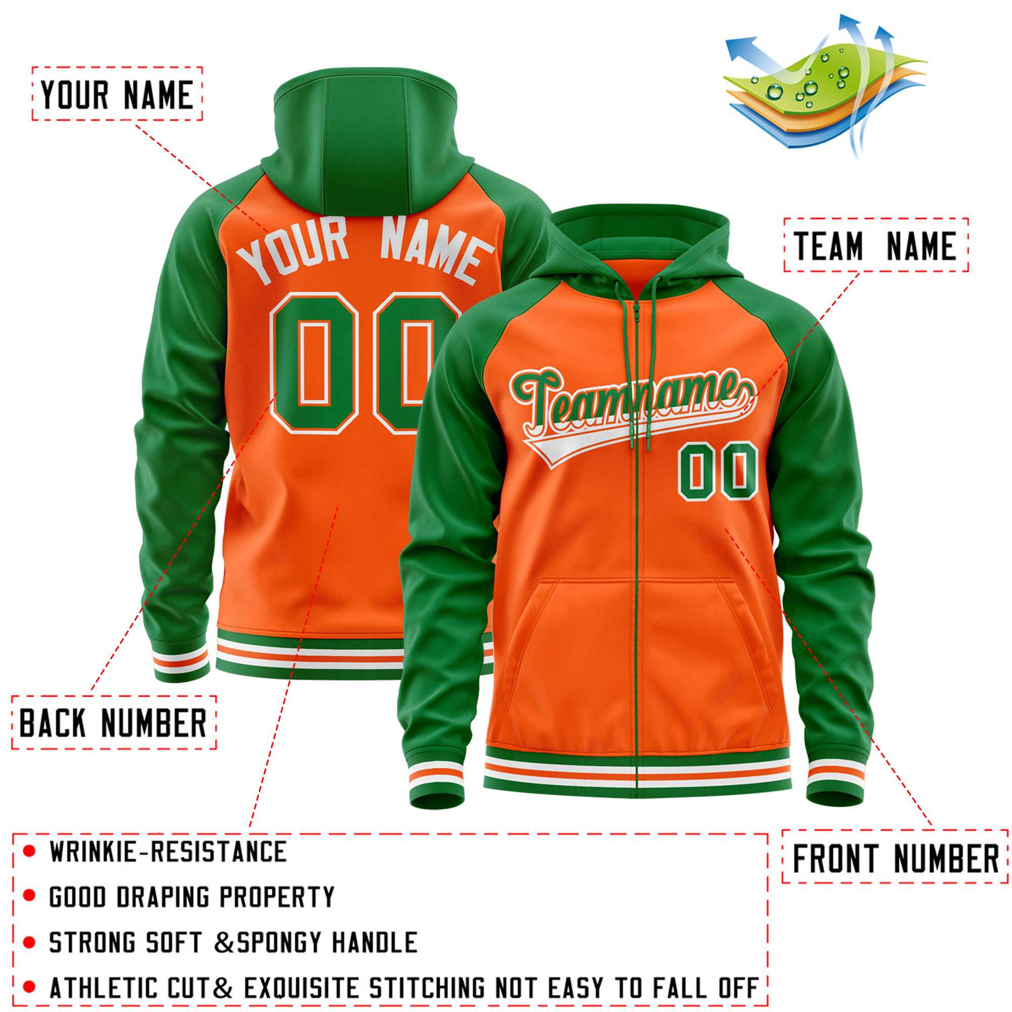 Custom Stitched Orange Kelly Green Raglan Sleeves Sports Full-Zip Sweatshirt Hoodie| KXKSHOP